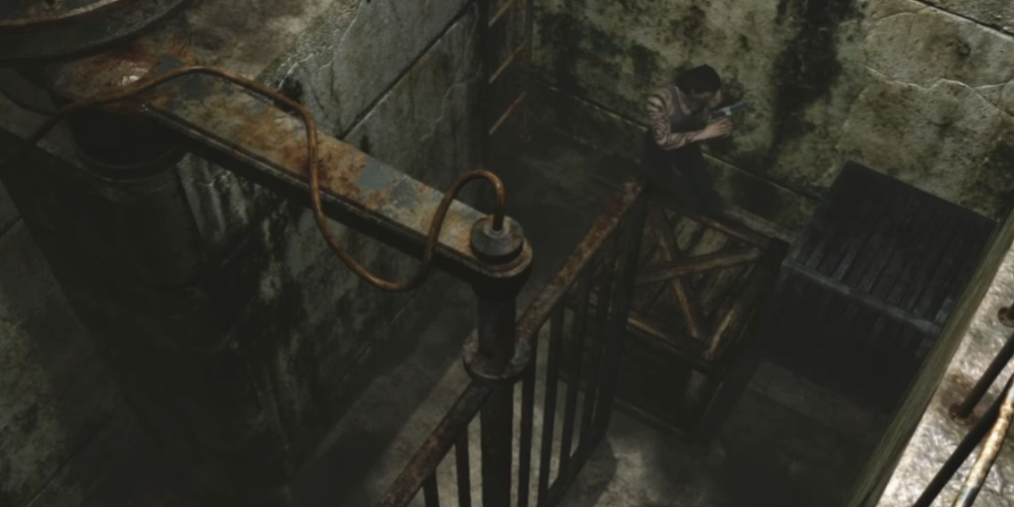 Resident Evil Zero Billy standing next to some crates.