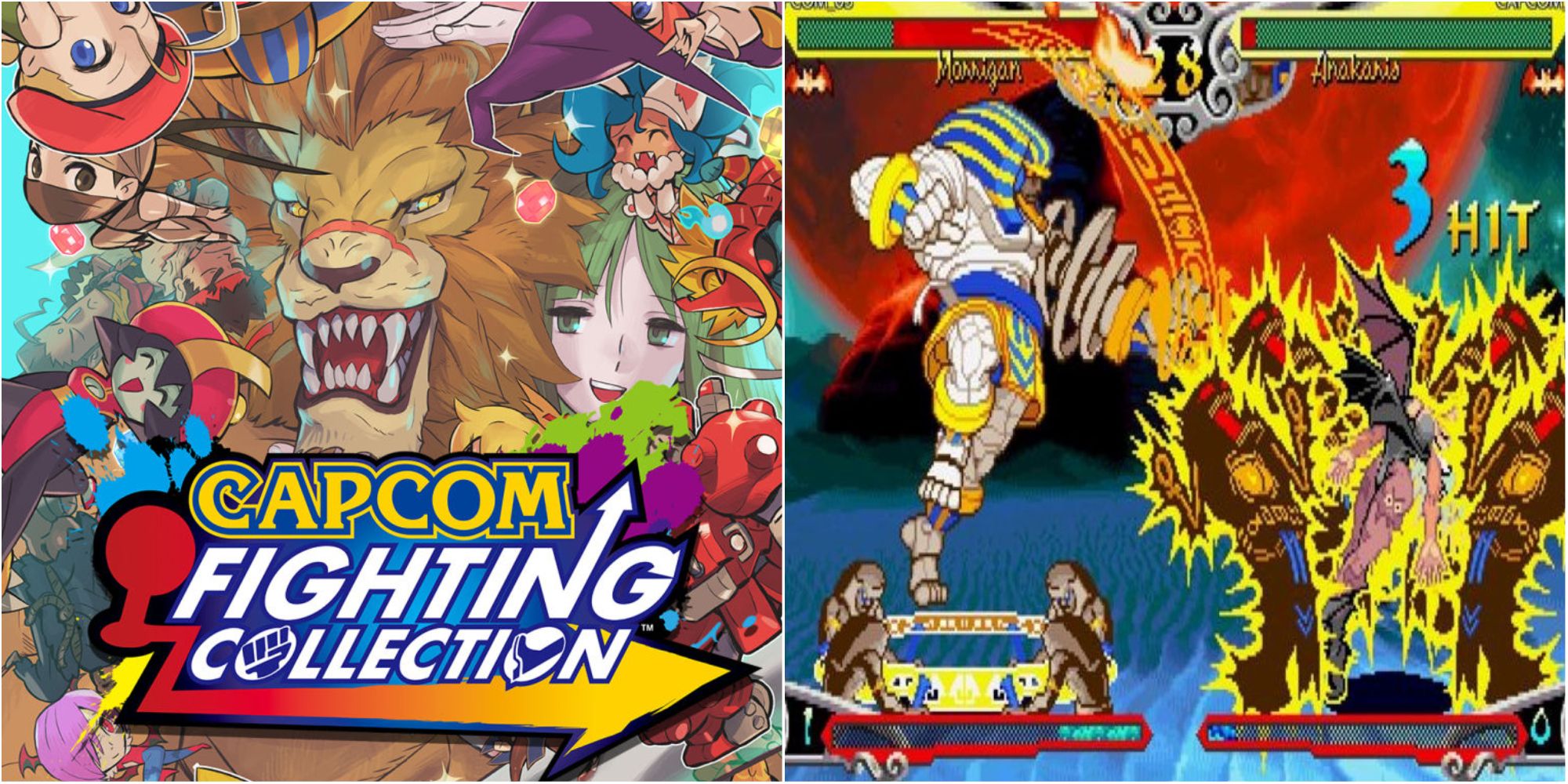 Side by side images of the cast of Capcom Fighting Collection and a character being electrocuted by another's fighting move