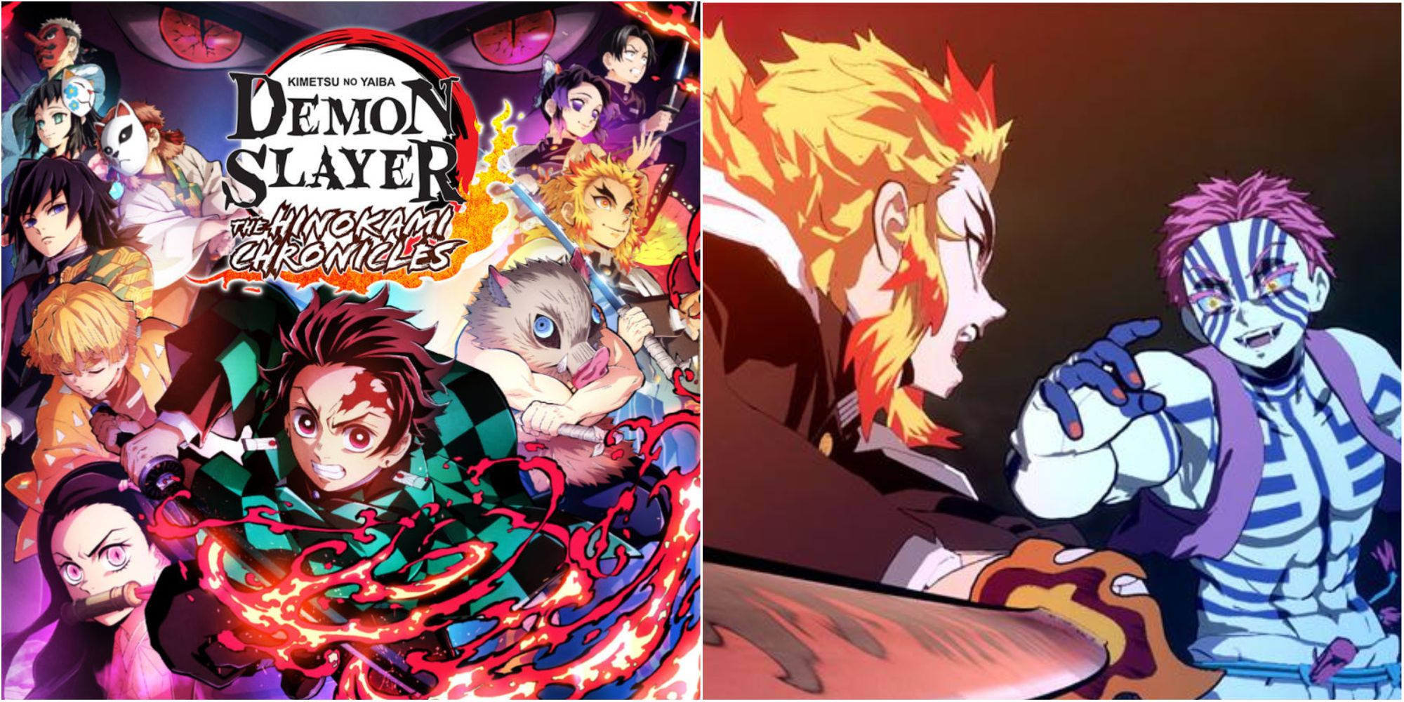 Side by side images of the Demon Slayer main cast and Kyojuro fighting Akaza