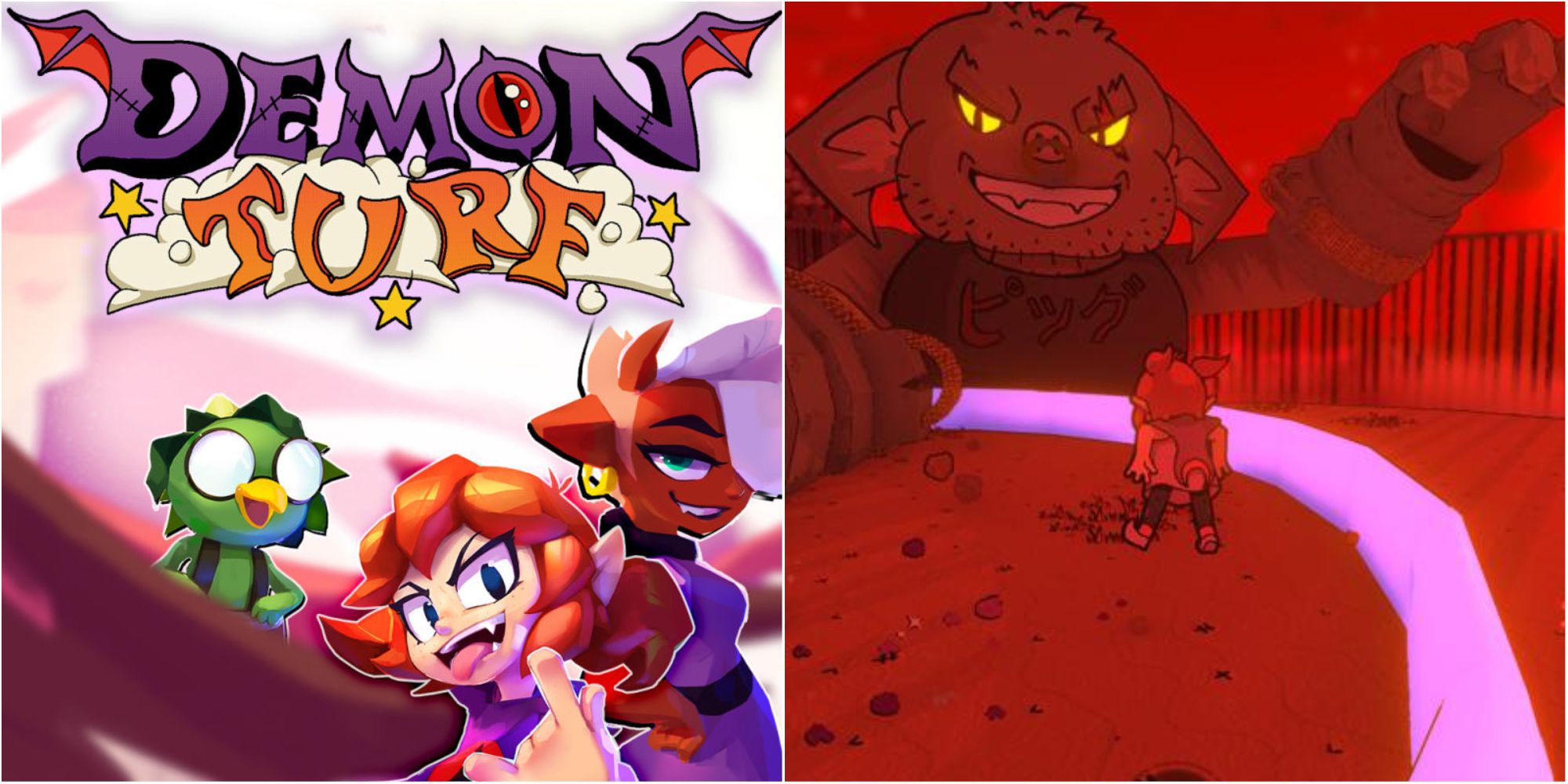Side by side images of Beebz with her friends and gameplay of Beebz in a yard saturated in red