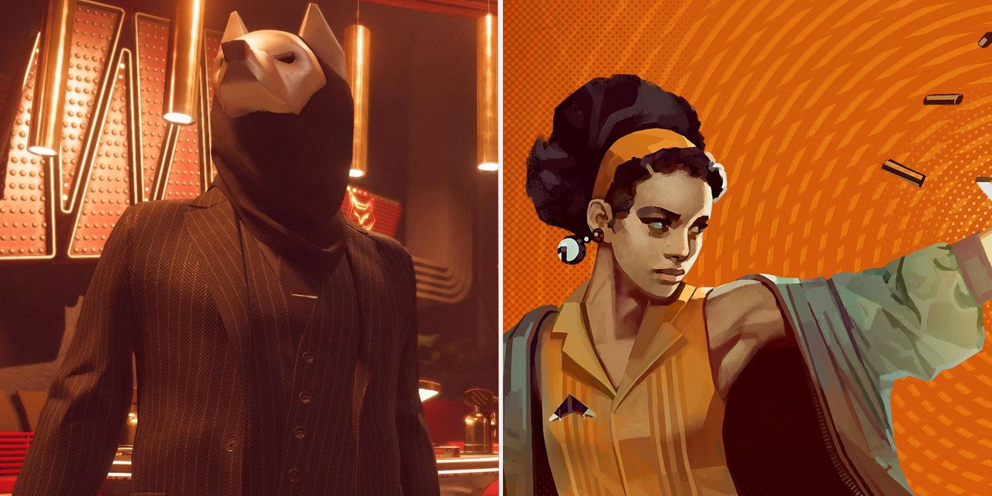 Deathloop Aleksis wearing a mask and looking above. Julianna poster of her holding a gun she's aiming at Colt.
