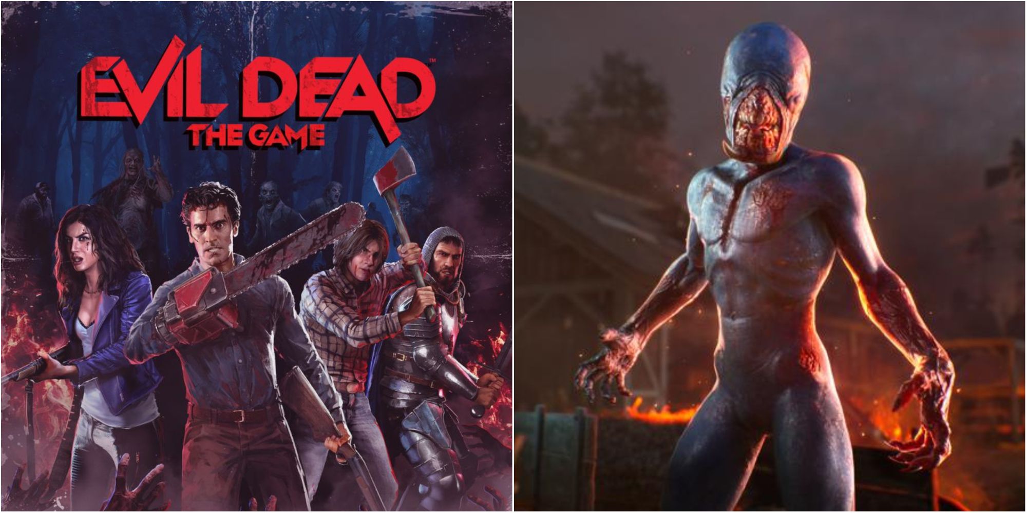Side by side images of the main cast of Evil Dead The Game holding weapons and a demon character in the game