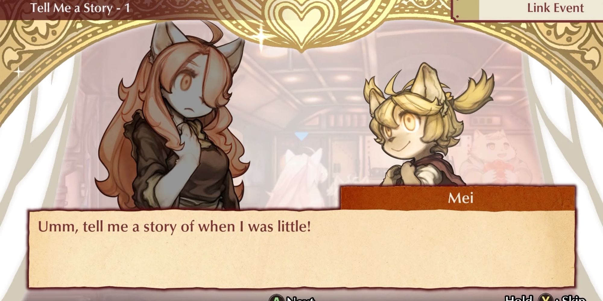 A screenshot from Fuga: Melodies of Steel, showing Mei asking Hanna to tell her a story of when she was little
