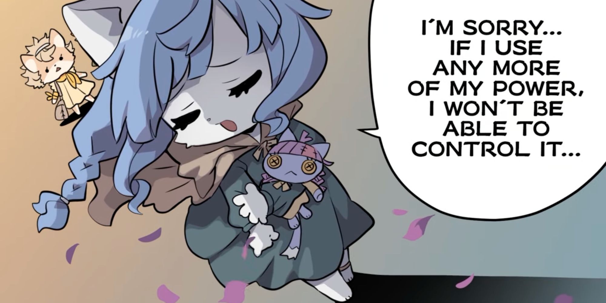 A screenshot of Fuga: Comedies of Steel, the anime tie-in to Fuga: Melodies of Steel, showing Sheena telling Chick and Hack that she can't use any more of her power