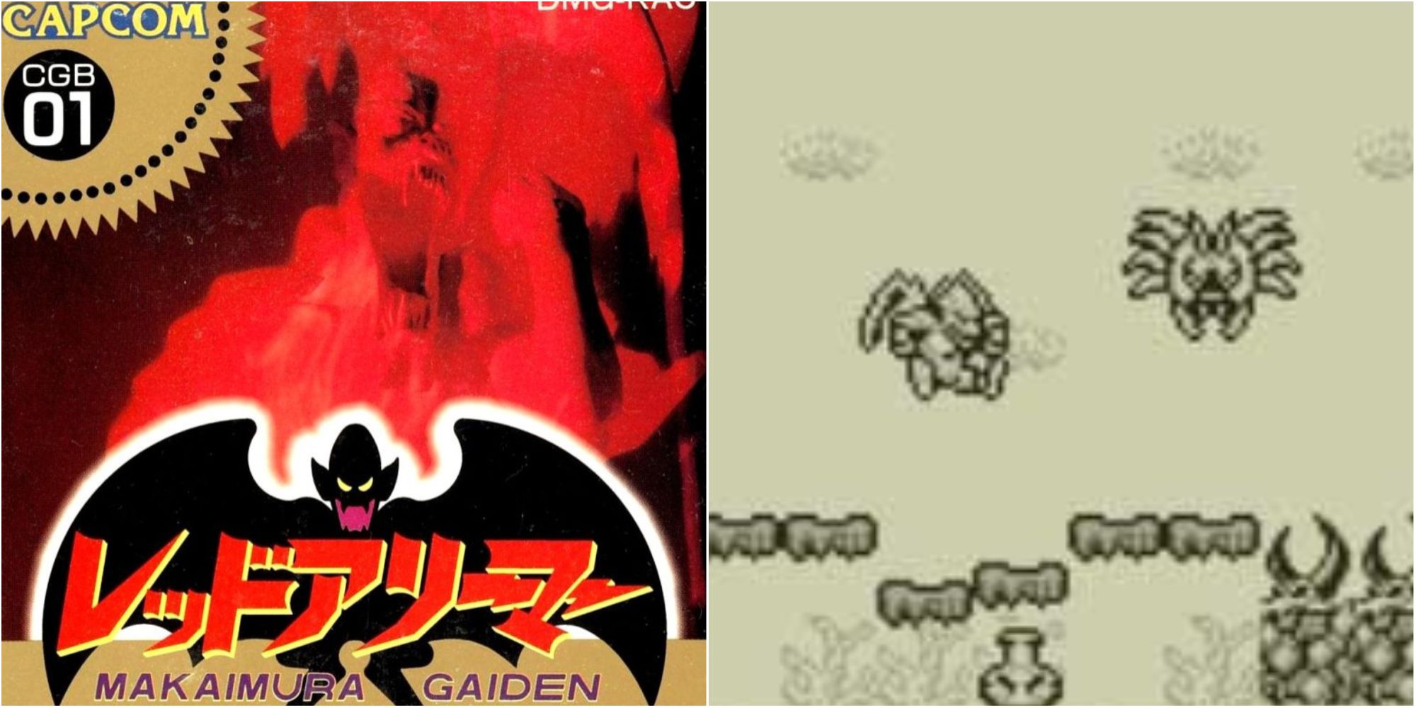Side by side images of the Gargoyle Quest cover and in-game enemies moving towards the character