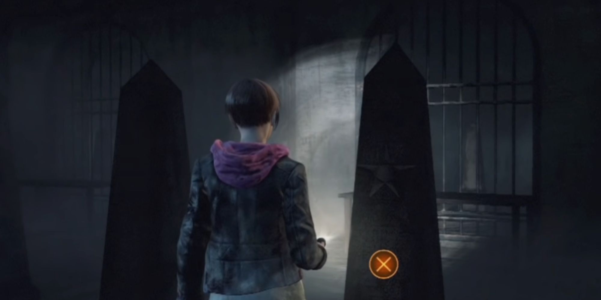 Resident Evil Revelations 2 graveyard puzzle with gravestones in a room.