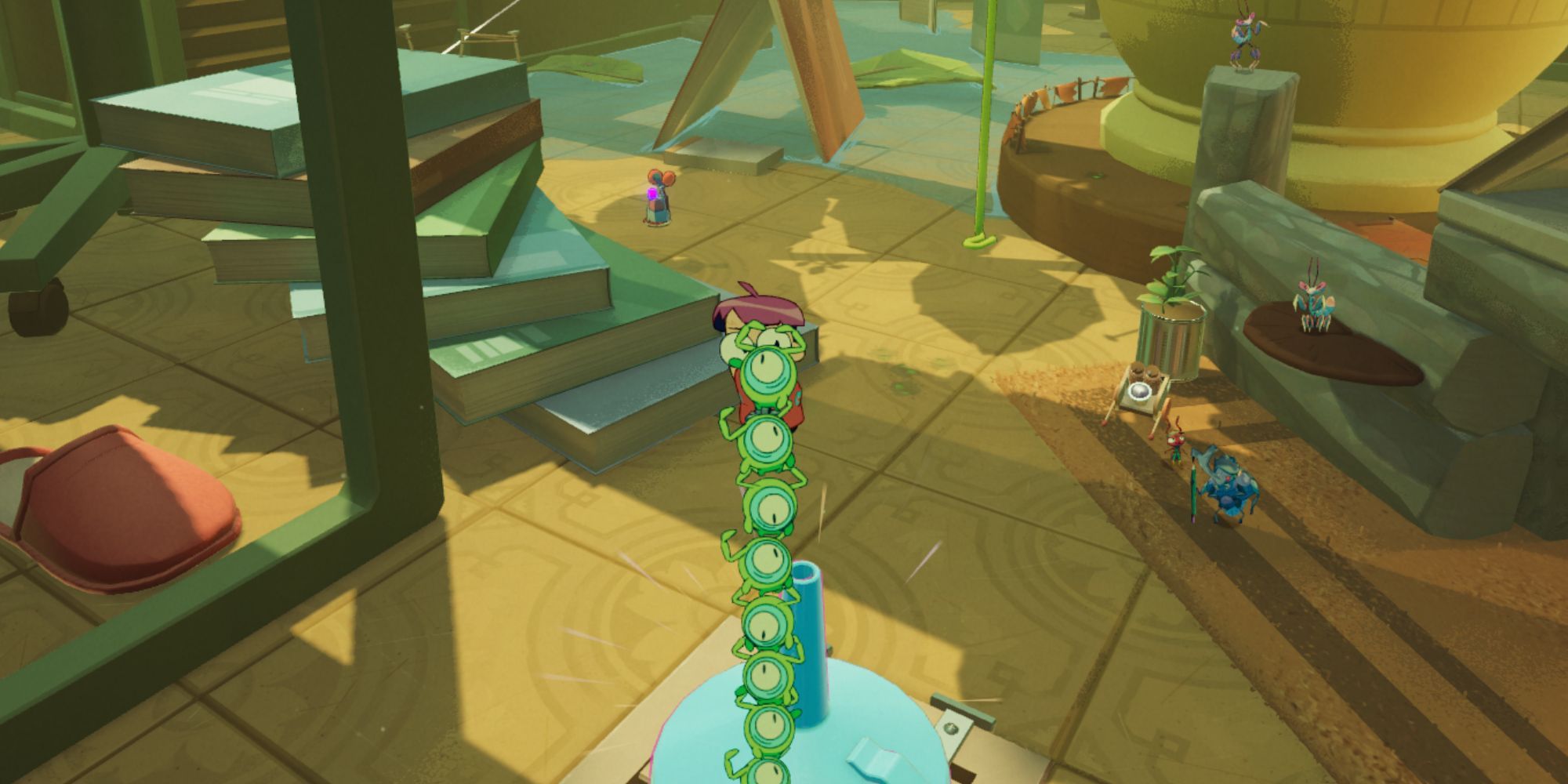 Milo building a ladder out of green tinykin.