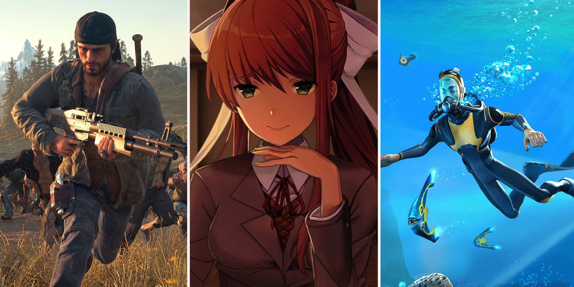 Days Gone - running from a zombie horde. Doki Doki Literature Club - Monika with her hand under her chin. Subnautica poster - protagonist snorkelling in the ocean.