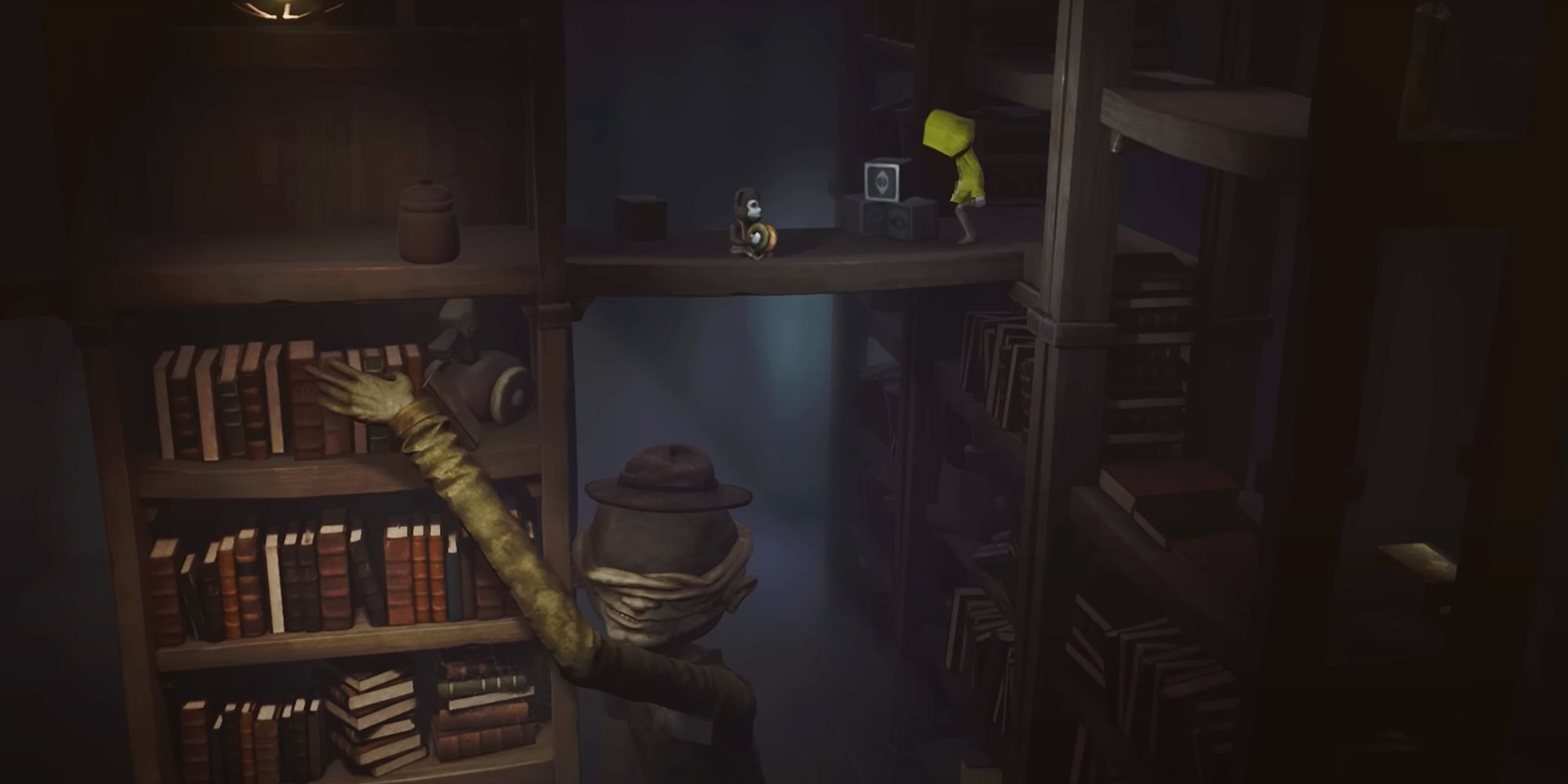 little nightmares the janitor reaching on book shelf