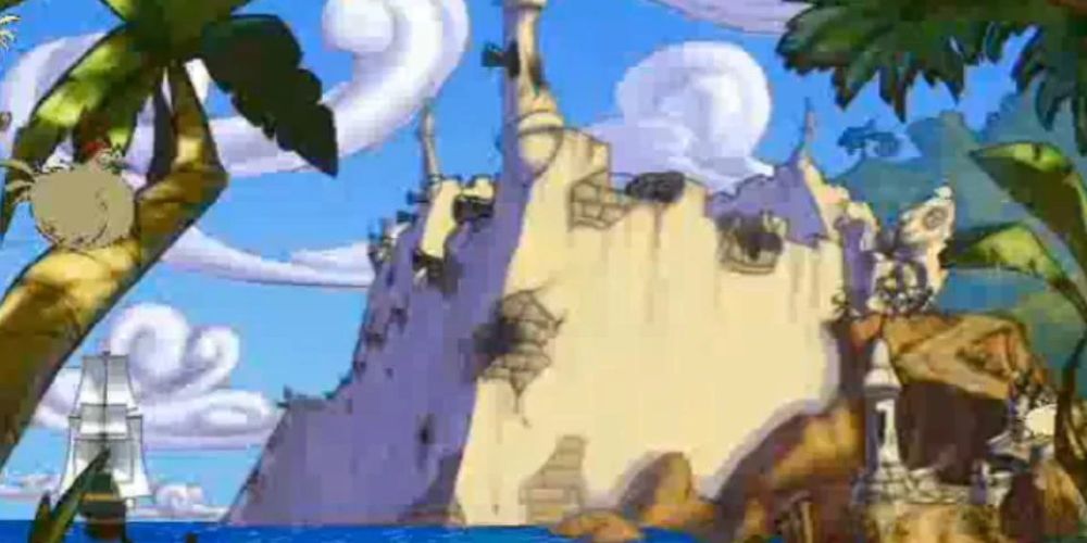 Scenic view of Plunder Island's derelict castle.