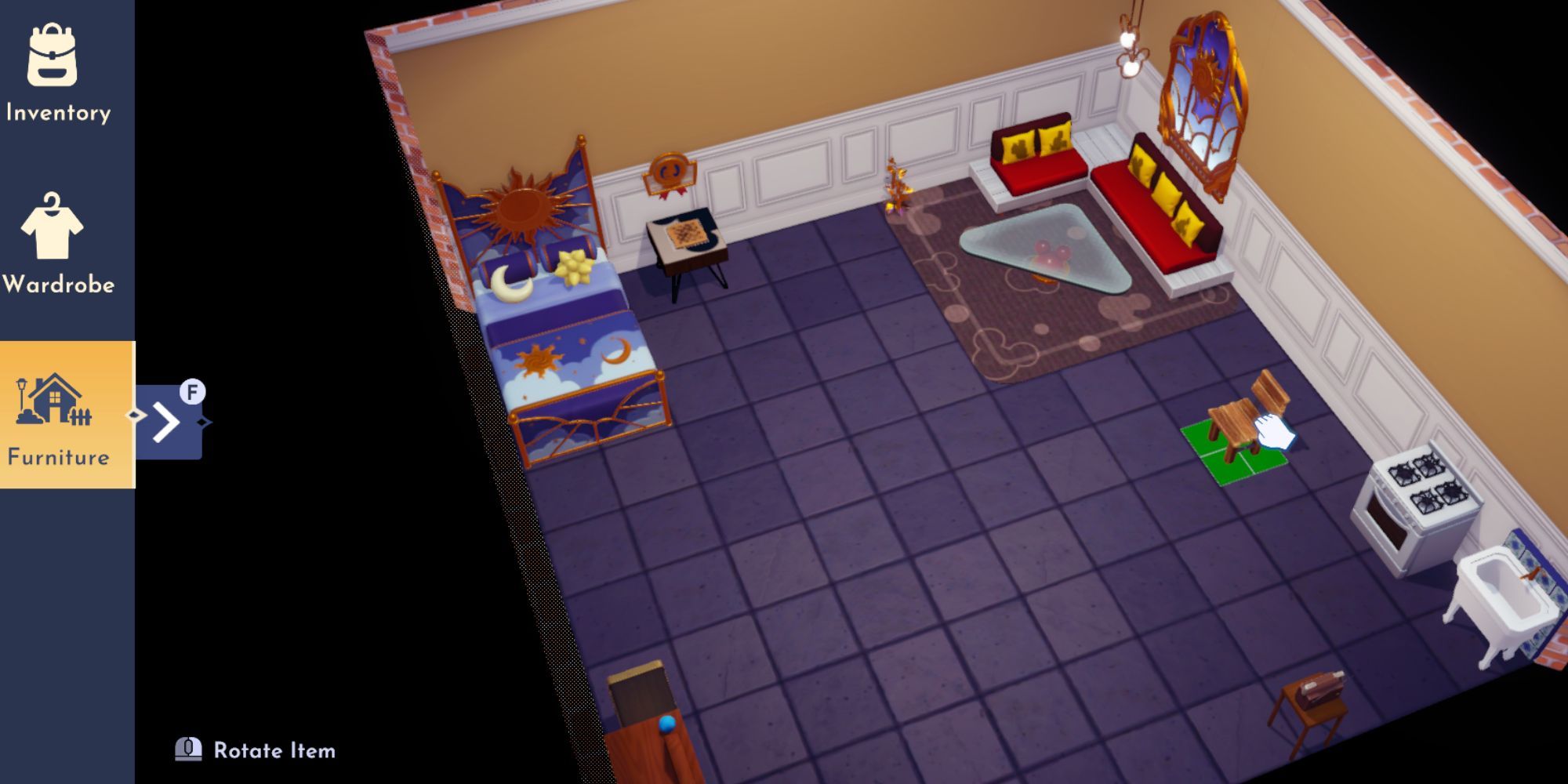 Disney Dreamlight Valley placing a wooden chair in the protagonist's house.