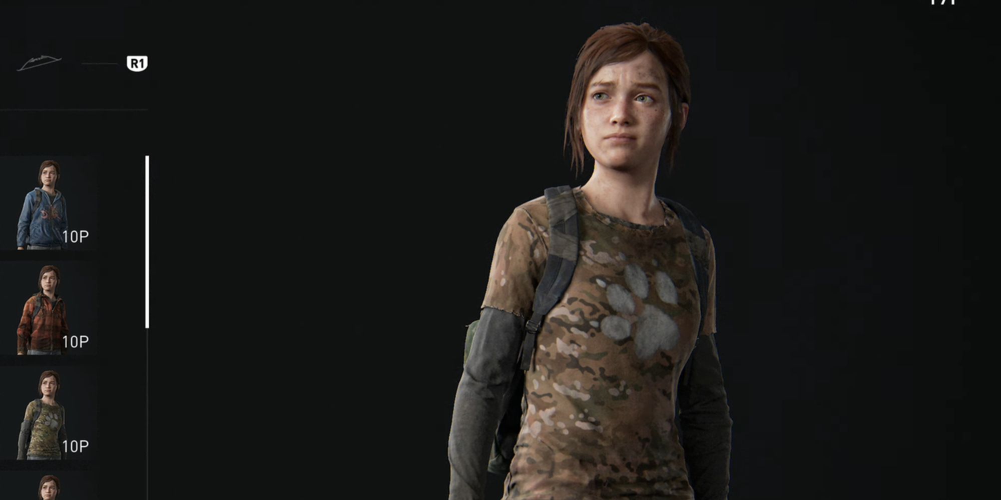 The Last of us remake Ellie wearing a Naughty Dog logo shirt with a camo pattern.