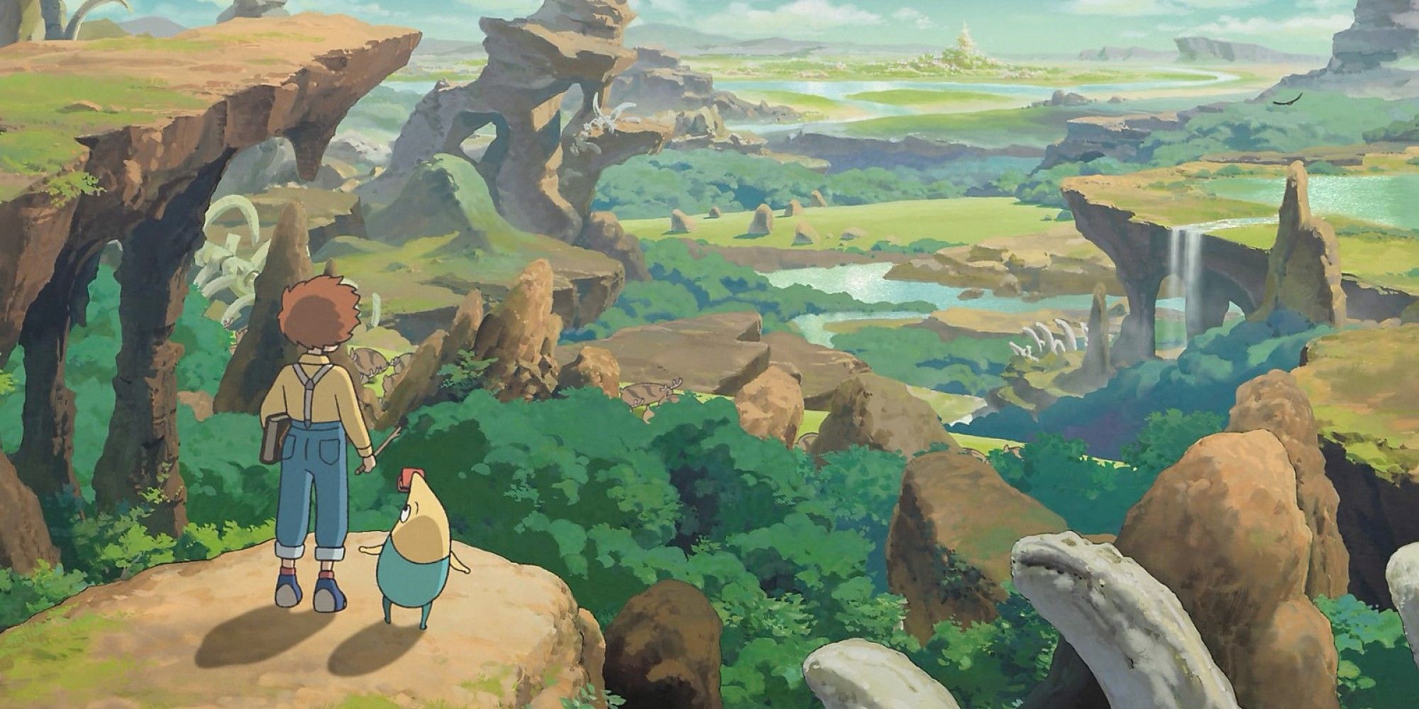 Oliver and Mr Drippy looking out to the other world in Ni No Kuni.