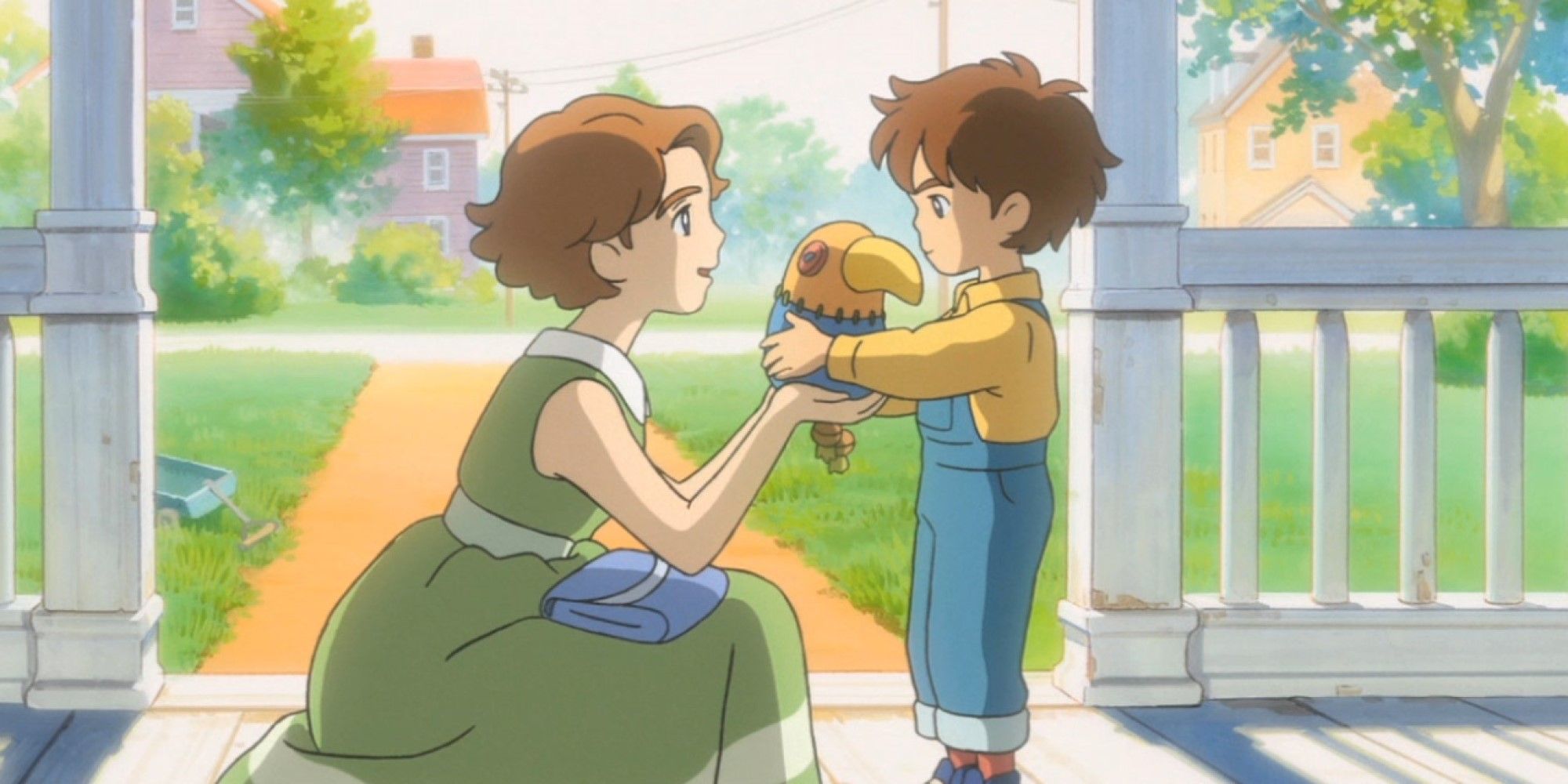 Oliver's mom giving a bird doll to his son near the entrance of their house in Ni No Kuni.