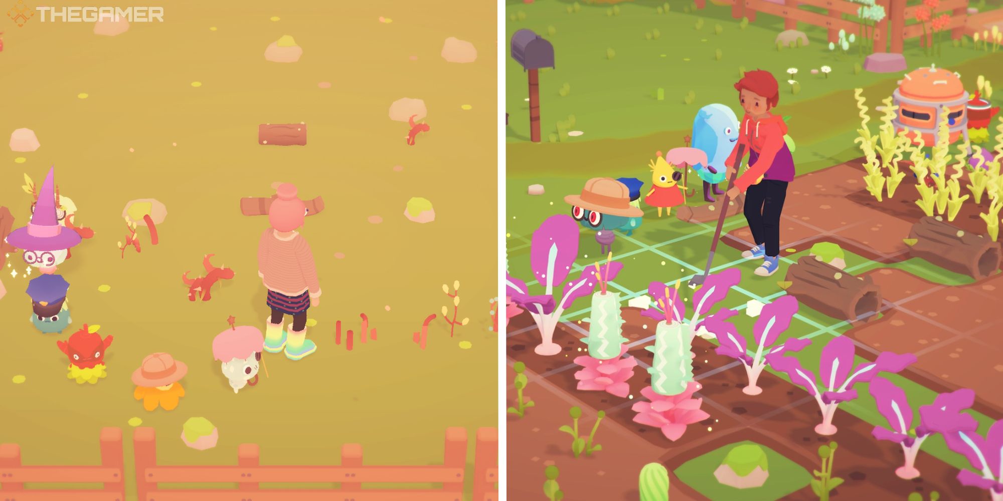 image of player standing near weeds next to image of player in farm mode