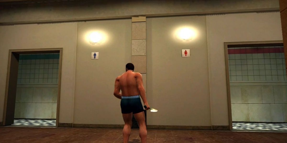 Frank West in front of restrooms in Dead Rising