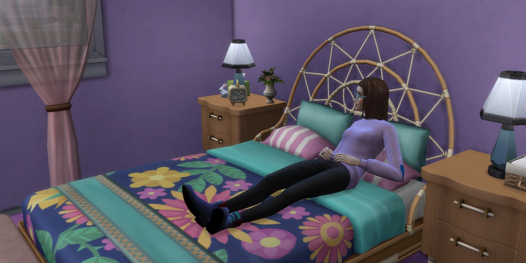 sims 4 bedroom purple walls floral sheets teal