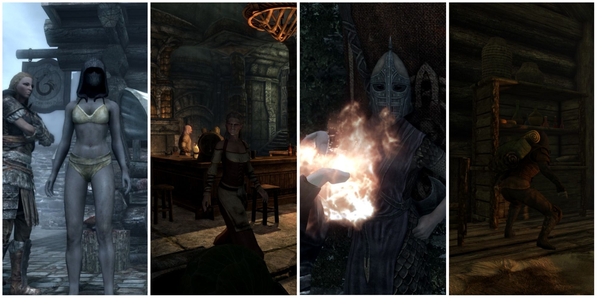 Skyrim screenshot collage showing player in underwear, an NPC watching the player, a guard reacting to magic, and a player about to steal,