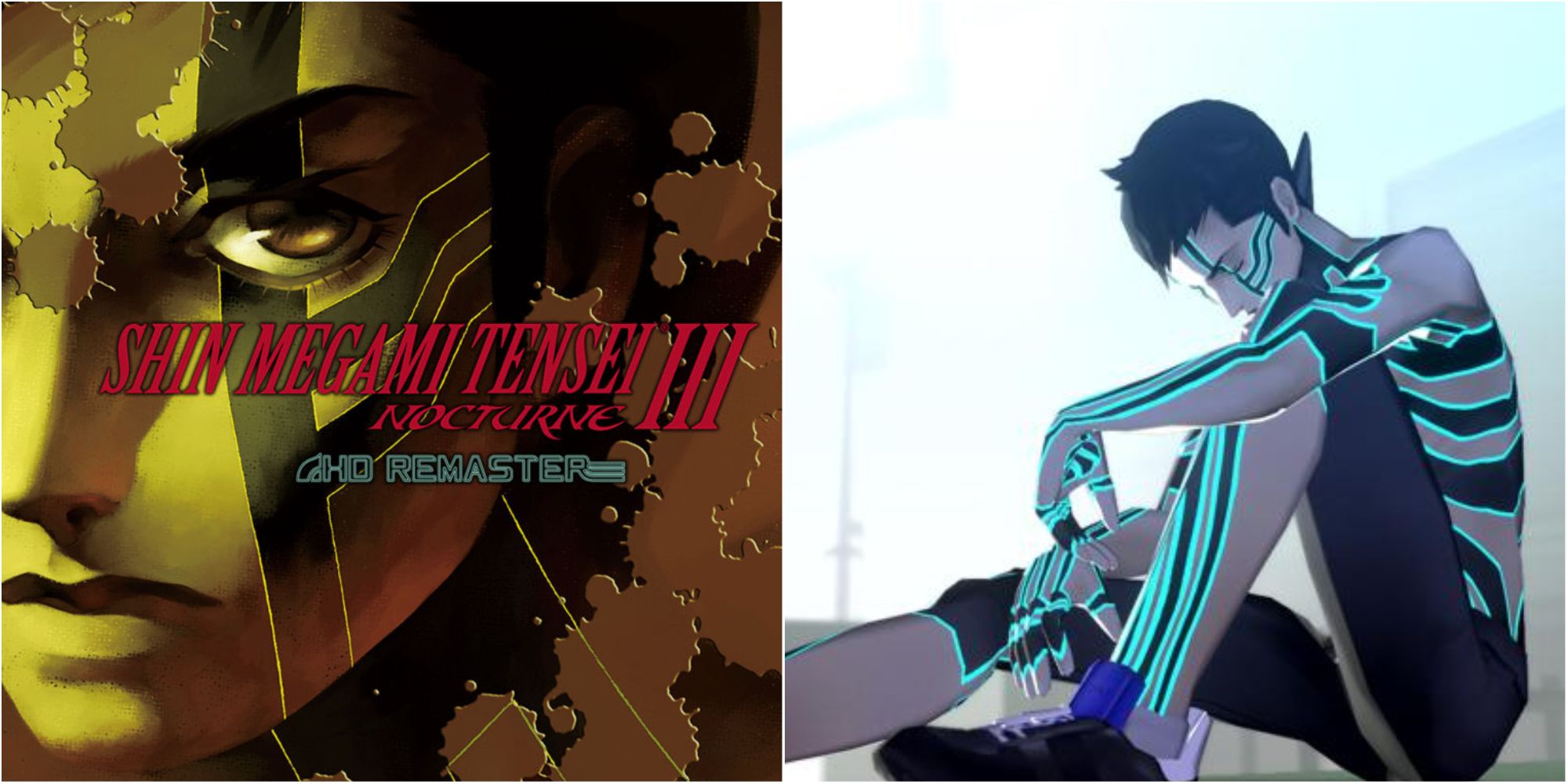 Side by side images of shin megami tensei 3 cover and Demifiend sitting with his knees to his chest and eyes closed
