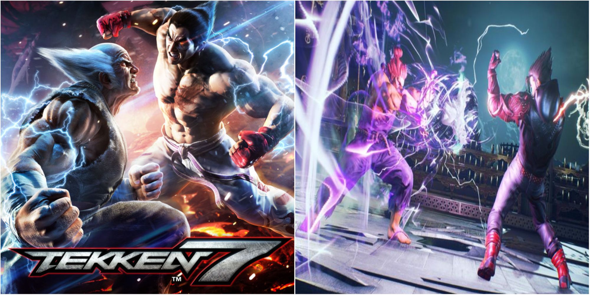 Side by side images of Jin and Heihachi about to punch each other and Akuma and Jin against each other in battle
