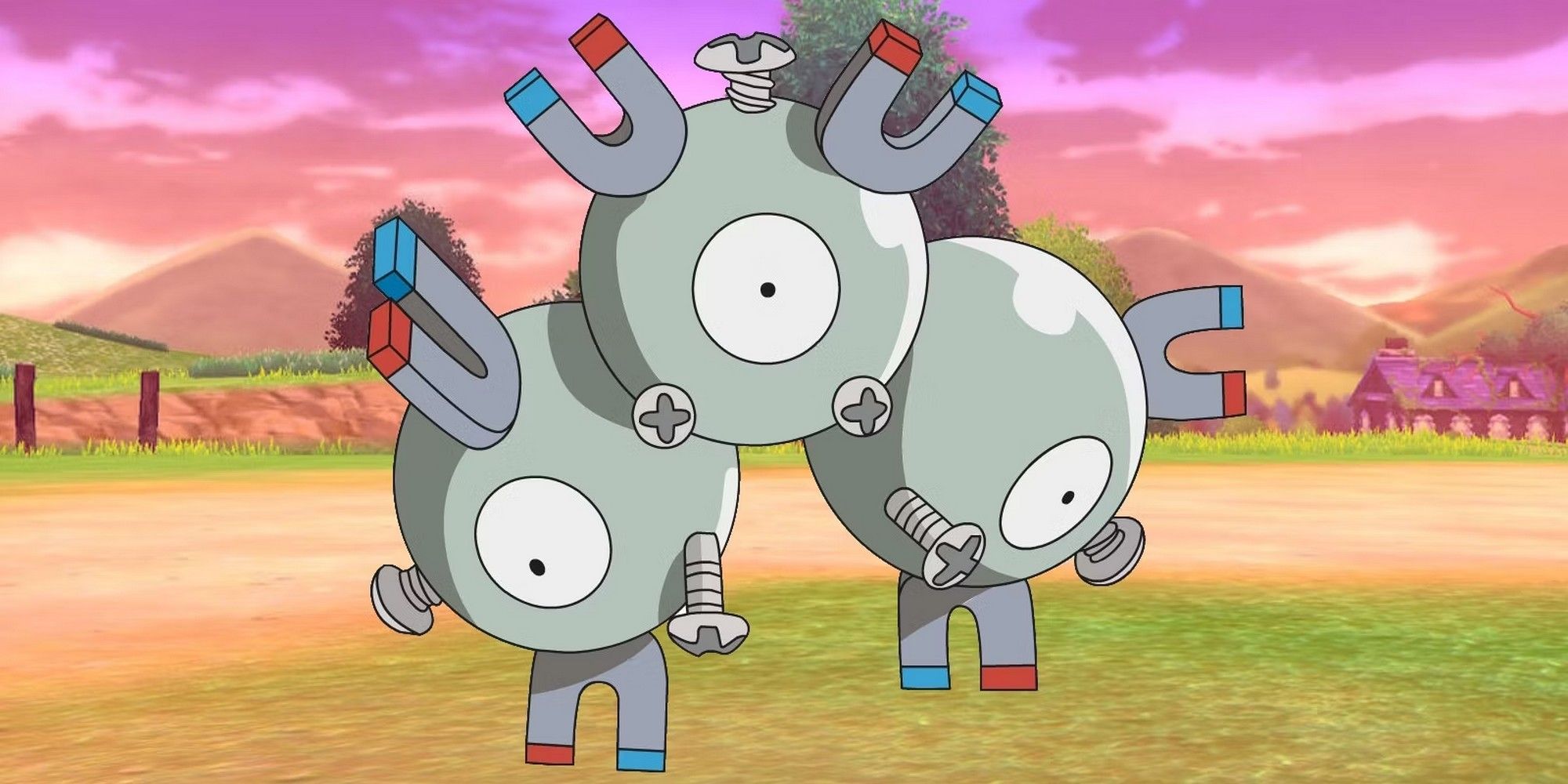 the Pokemon Magneton against a field at sunset