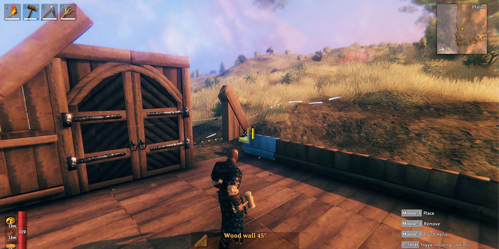 Main character finishing up some construction in Valheim