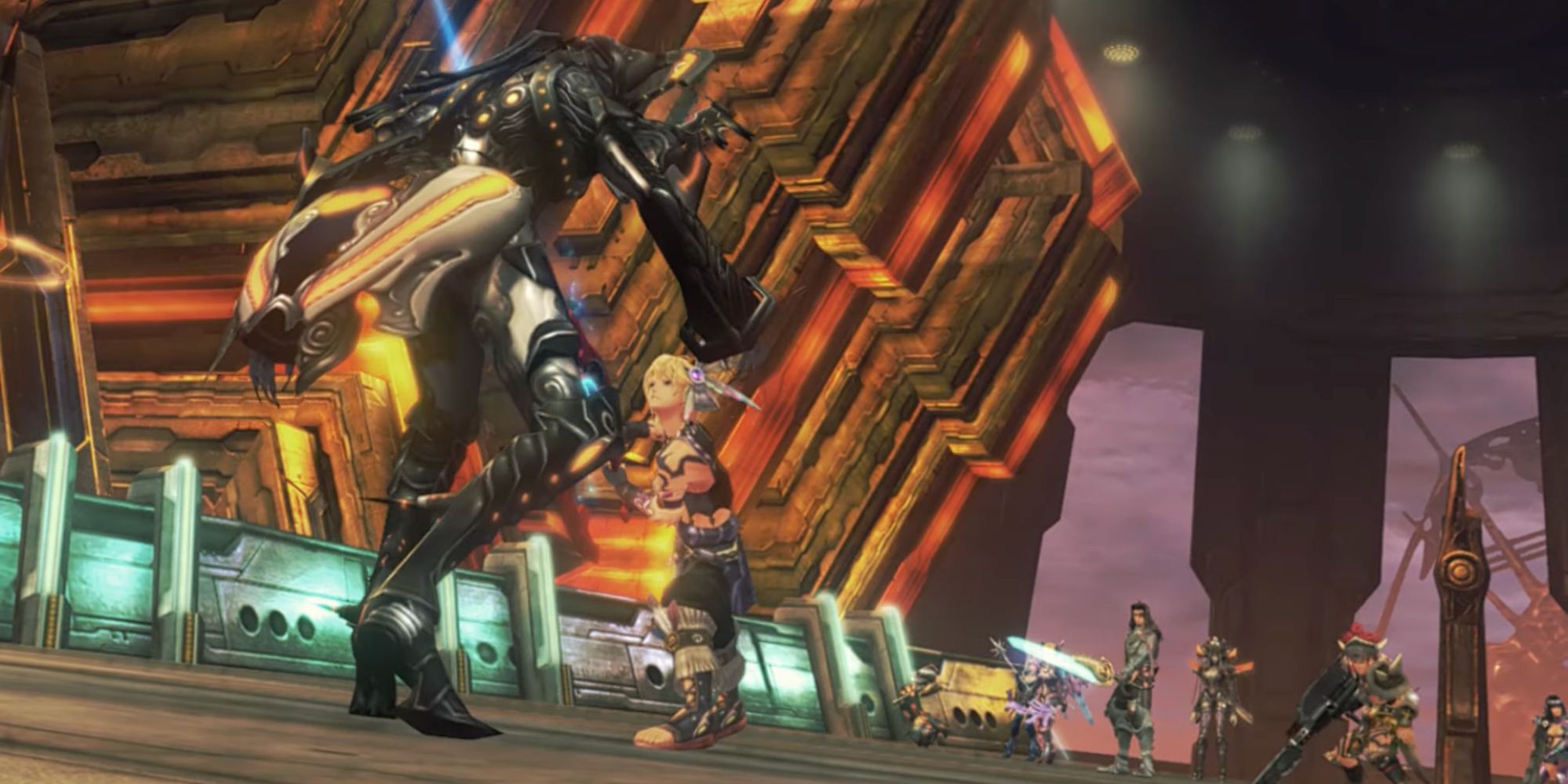 A screenshot from Xenoblade Chronicles Definitive Edition, showing Shulk stabbing Egil with the Monado while the party looks on