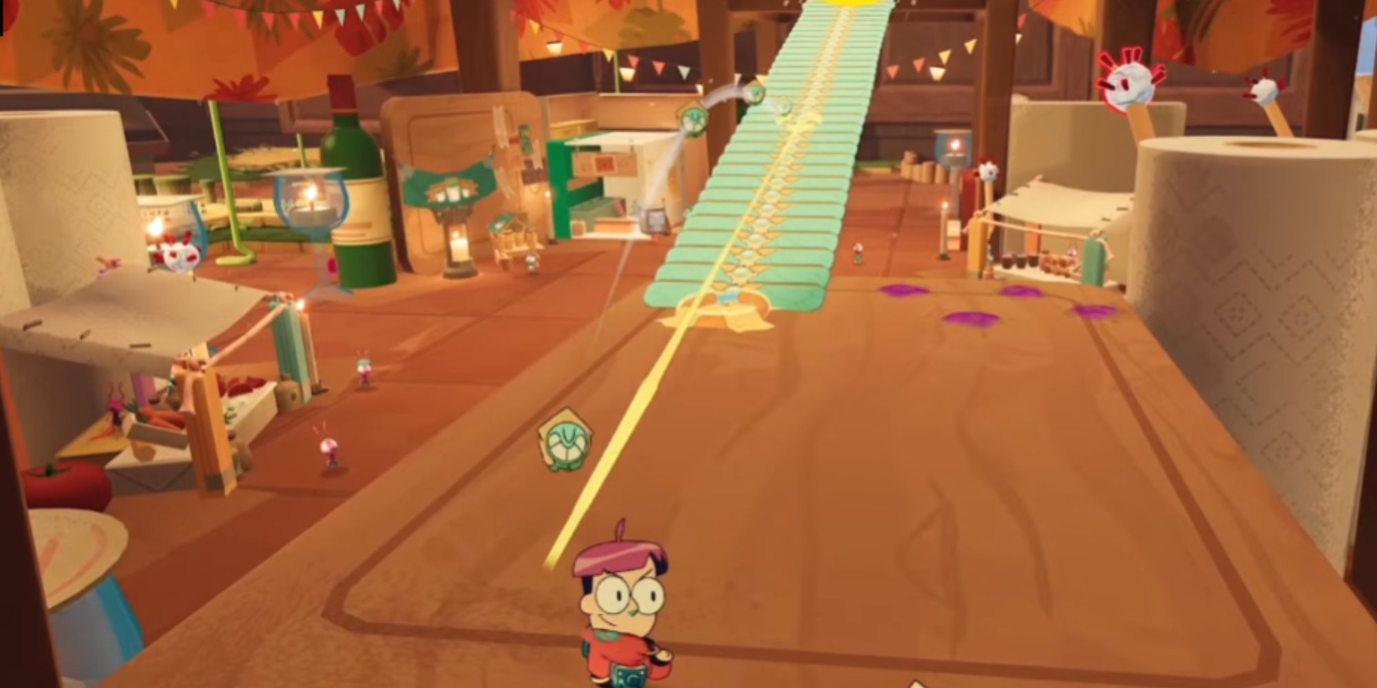 Milo throwing yellow tinykin to build a bridge.