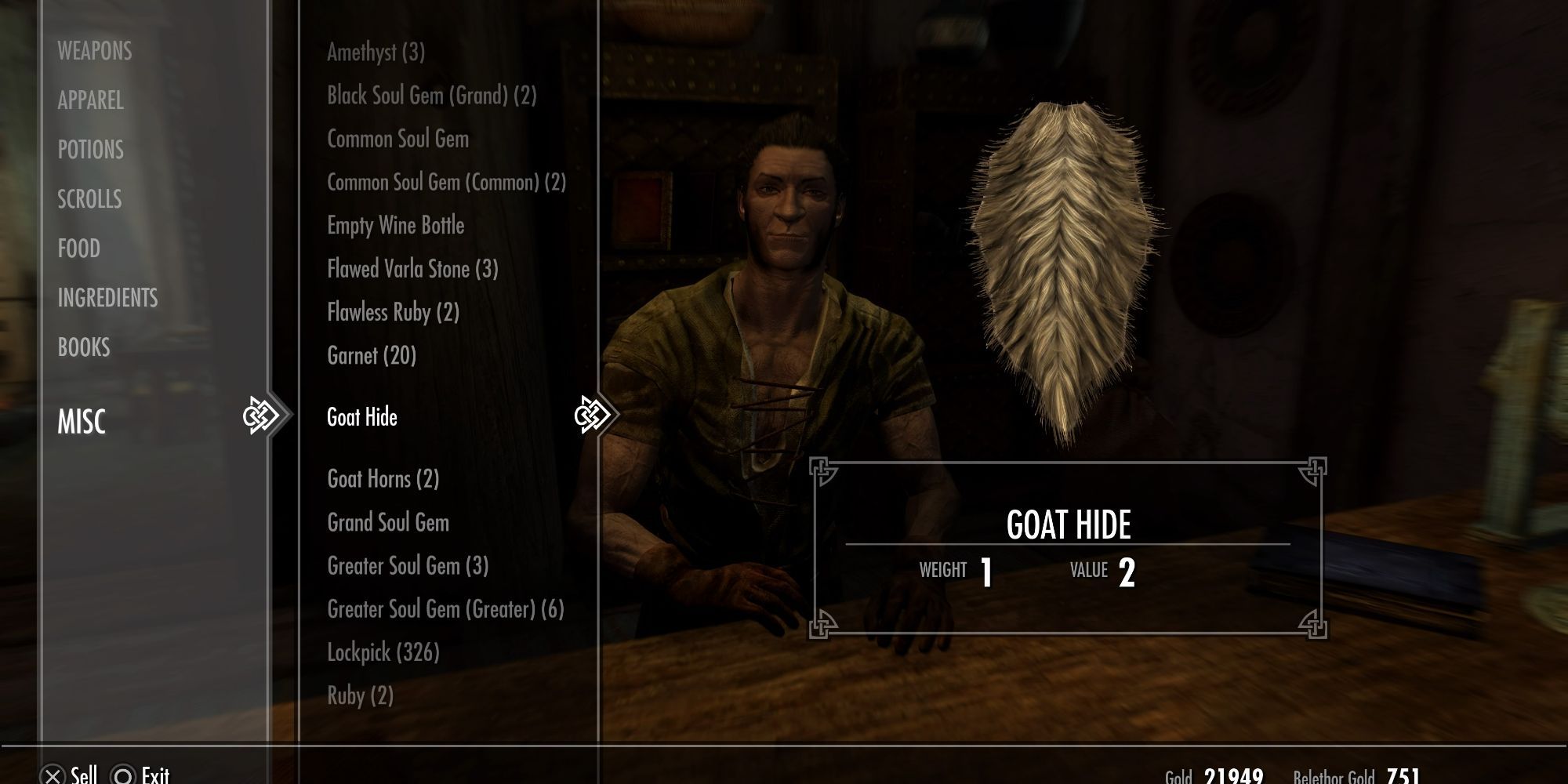 Belethor trading screen with goat hide dispayed