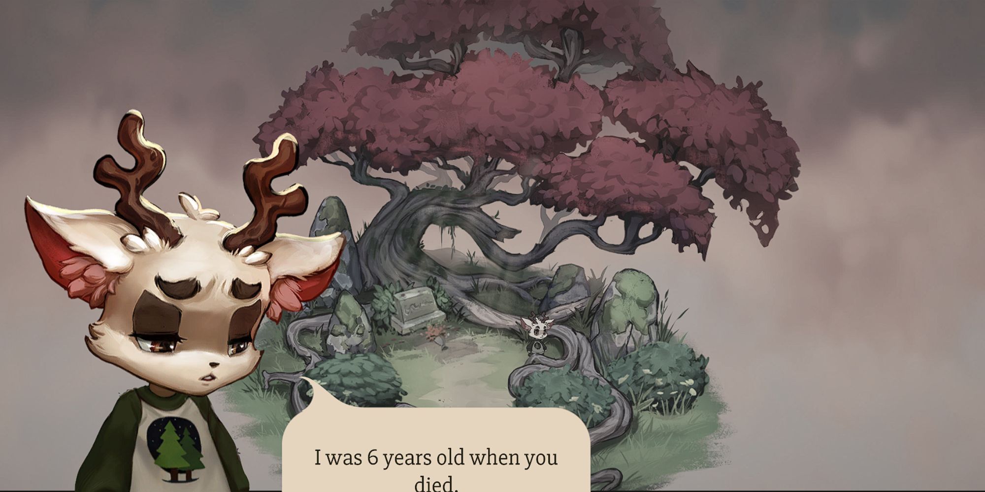 Luka speaks to his dead father by his grave under a tree