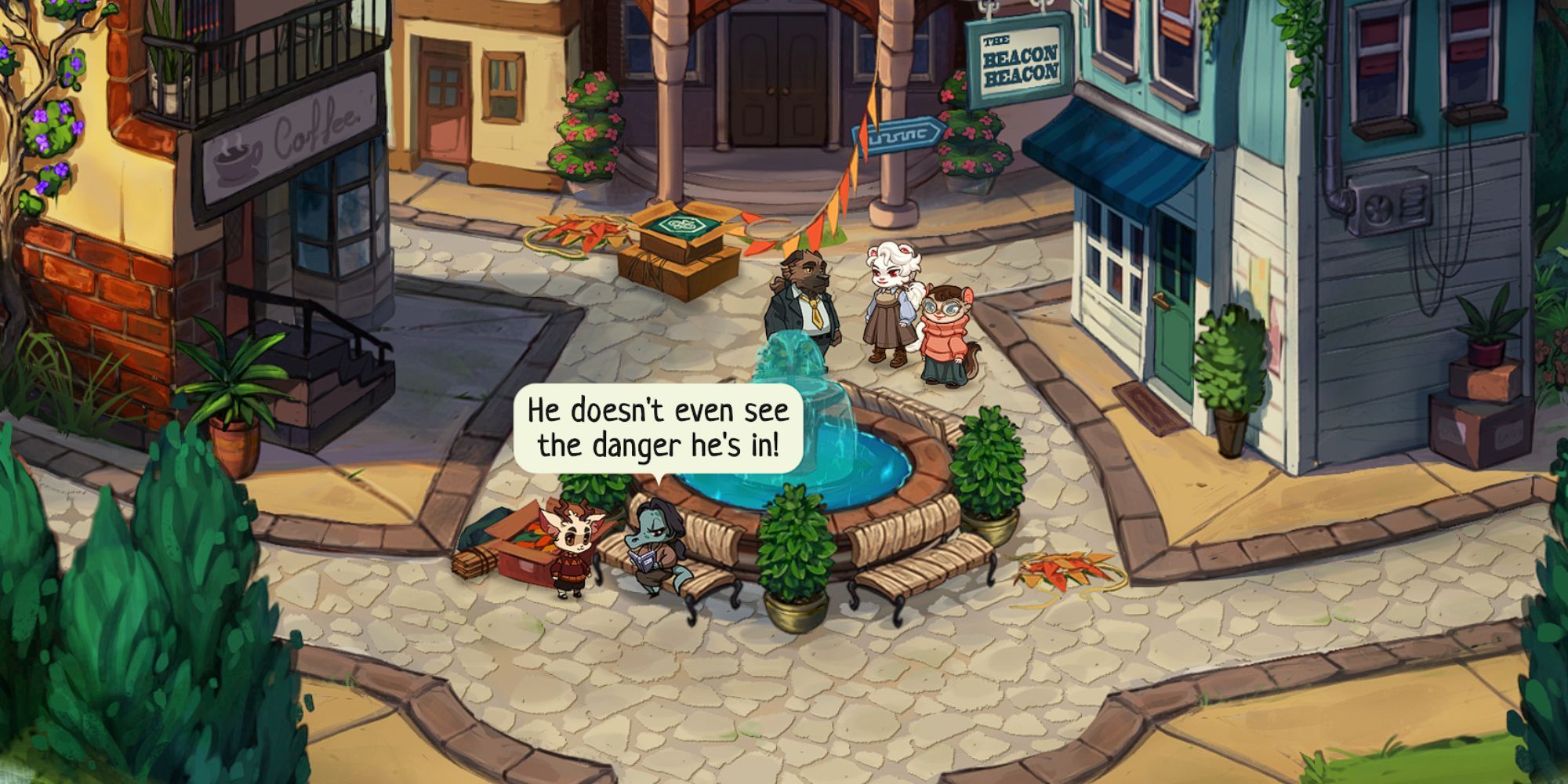 In the townsquare, Ms. Hatch reads her book out loud to Luka as Nelly, Ilona, and Gus speak behind the fountain