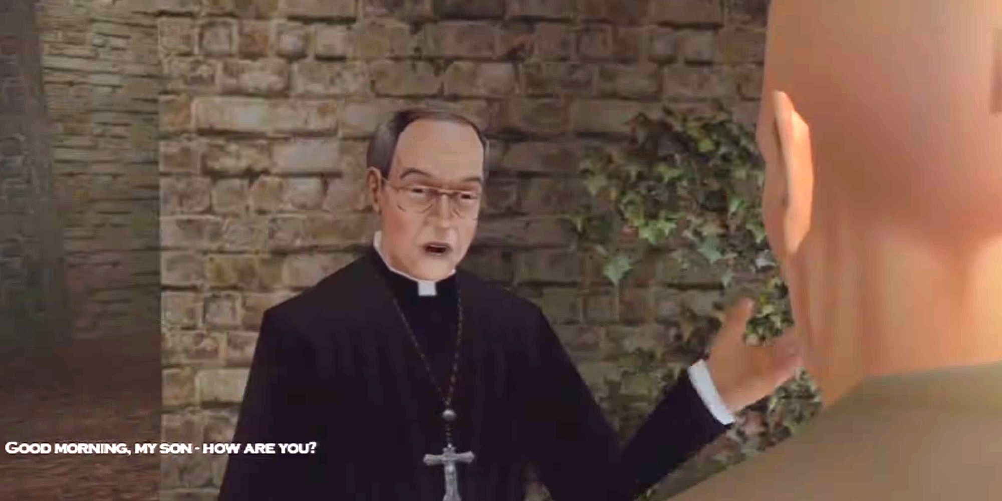 Father Vittorio greets Agent 47 in the gardens of the Gontranno Church