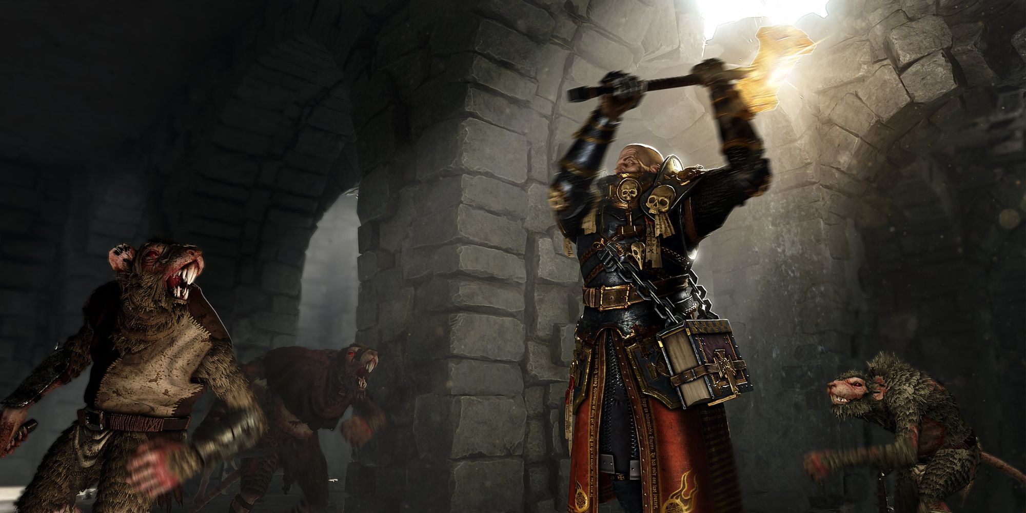 Victor Saltzpyre wears his Warrior Priest of Sigmar garb, and lunges forward swinging his hammer as three Skaven run toward him in a stone hall