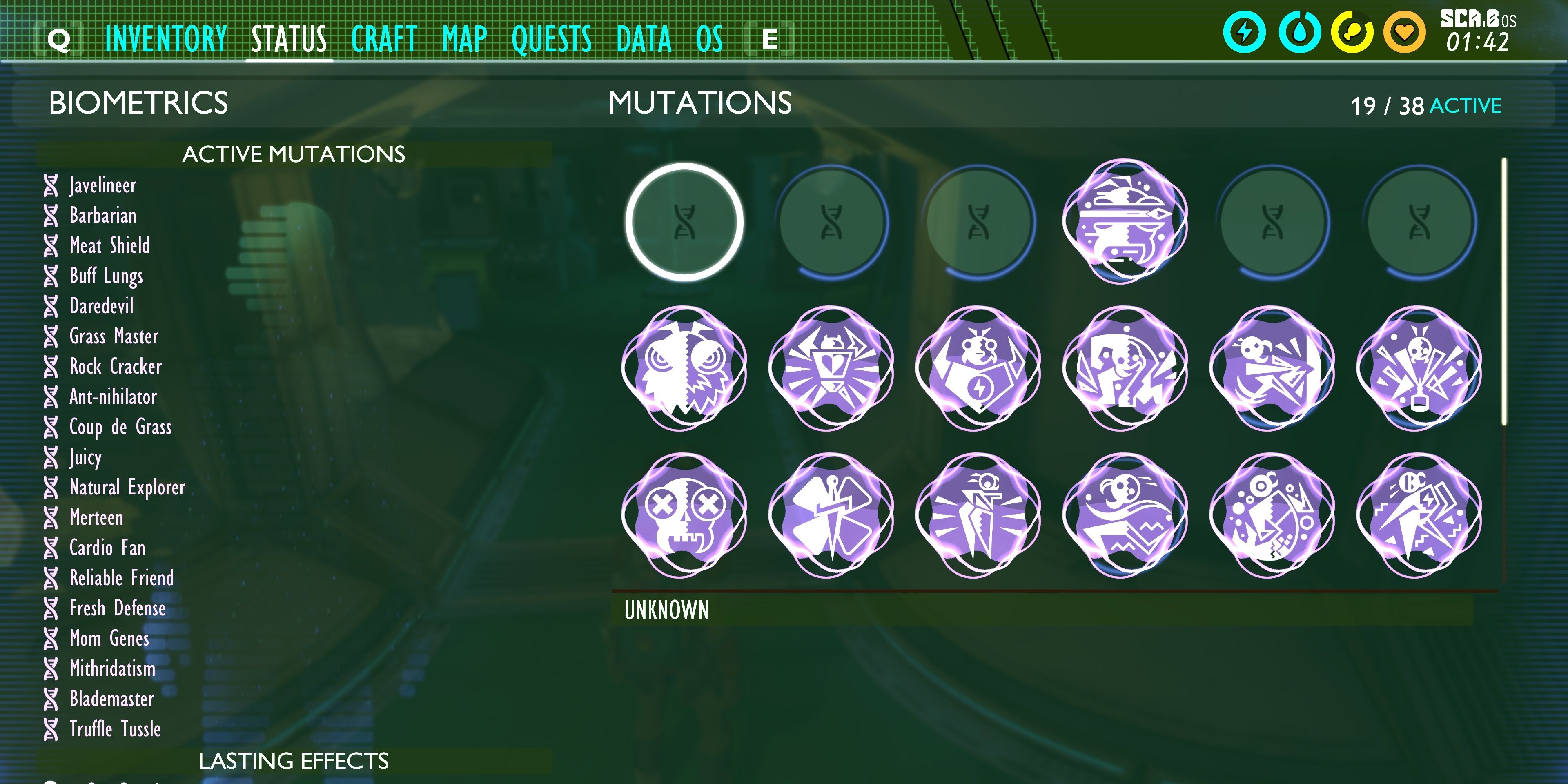 The Mutations screen in Grounded with 35 slots turned usable through the more active mutations mod