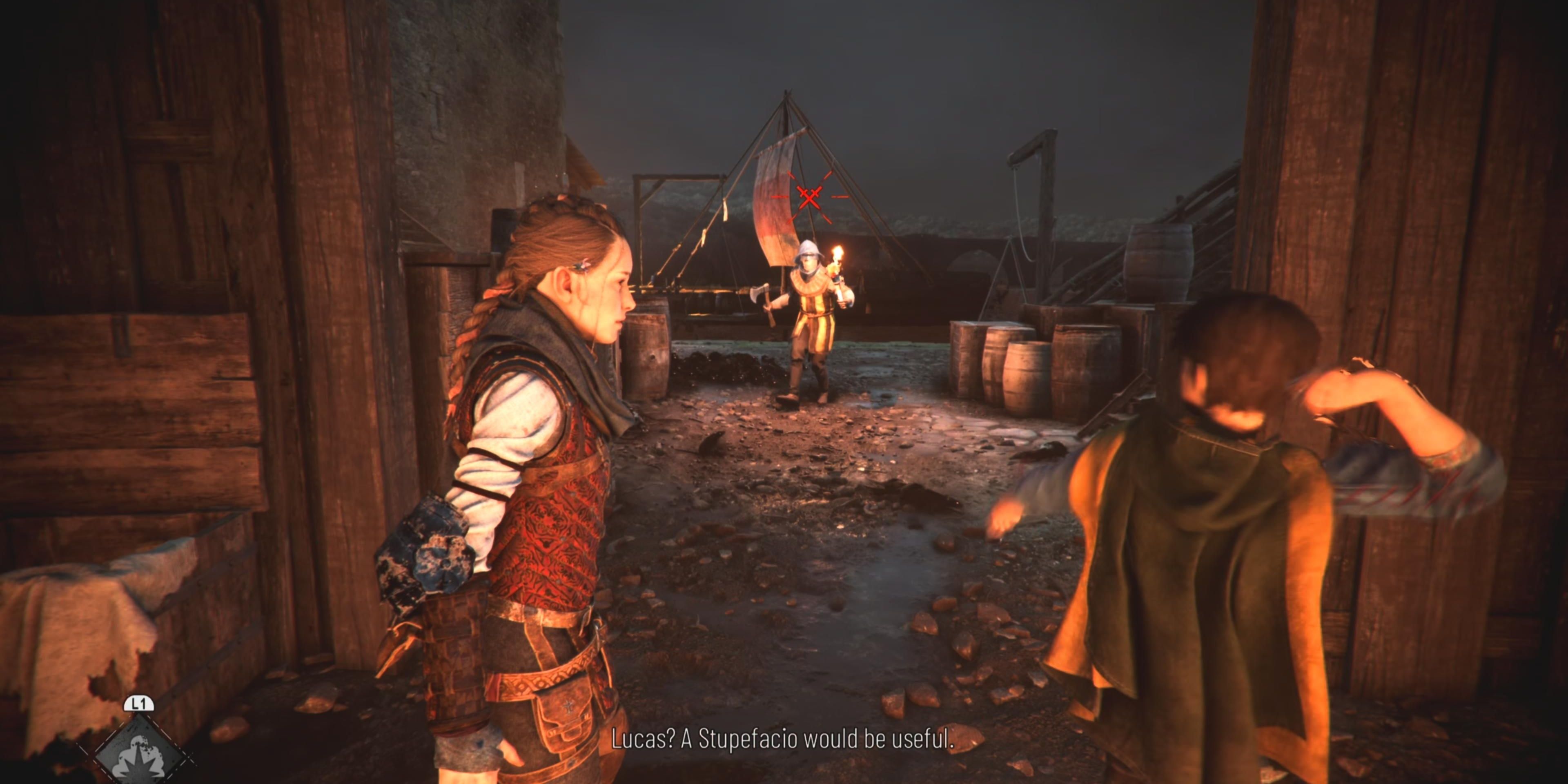 amicia telling lucas to use stupefacio on the guard