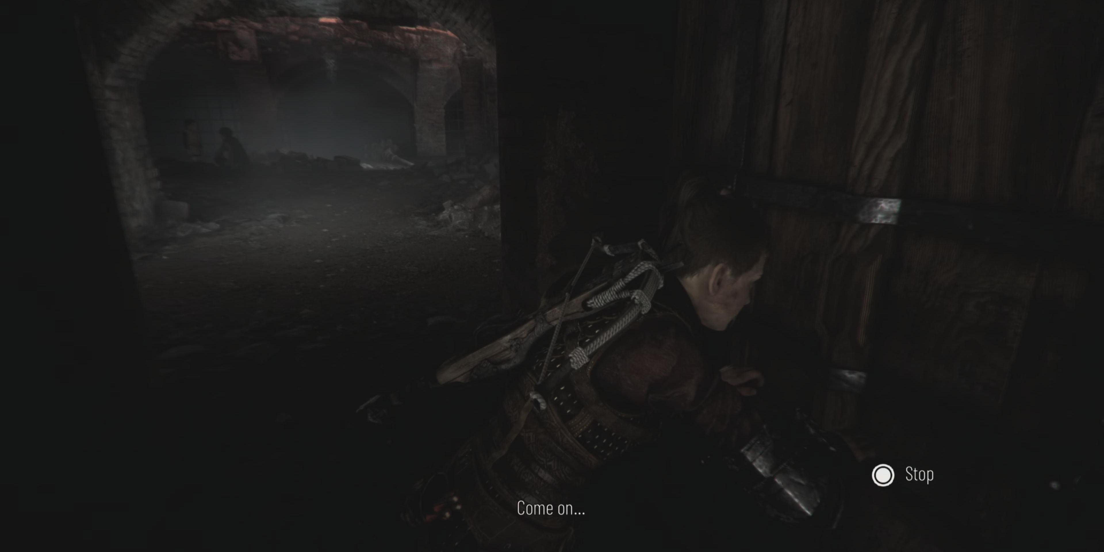 amicia pushing wooden barrier out of the way