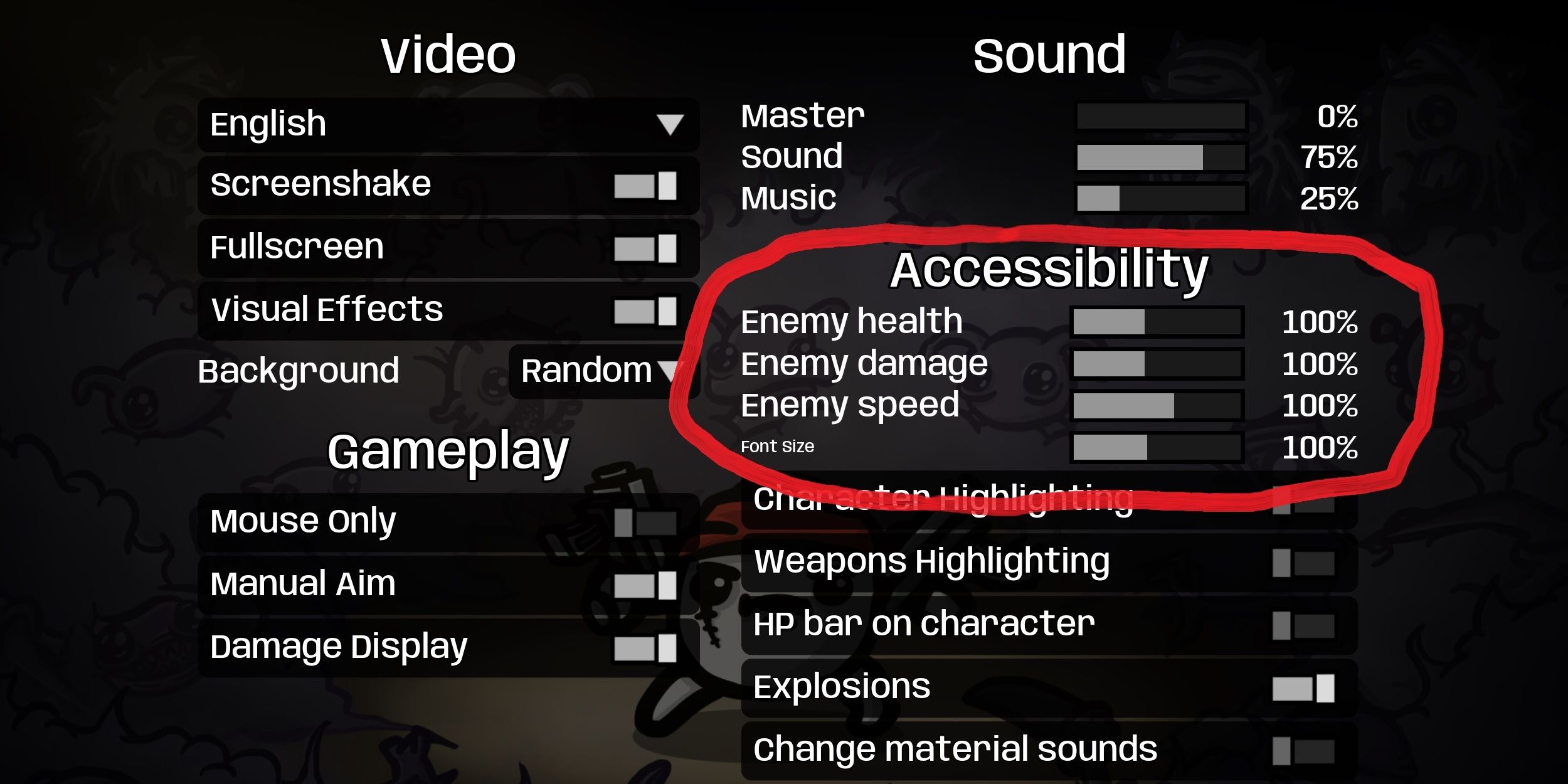 The bulk of the Accessibility options in Brotato are based on the difficulty of enemies, but you can also adjust font size
