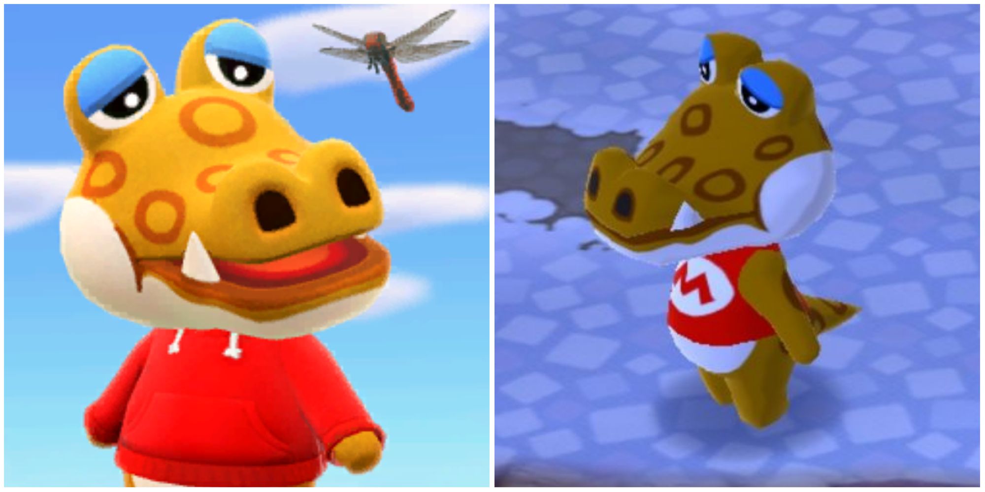 Split image screenshots of Alfonso from Animal Crossing.