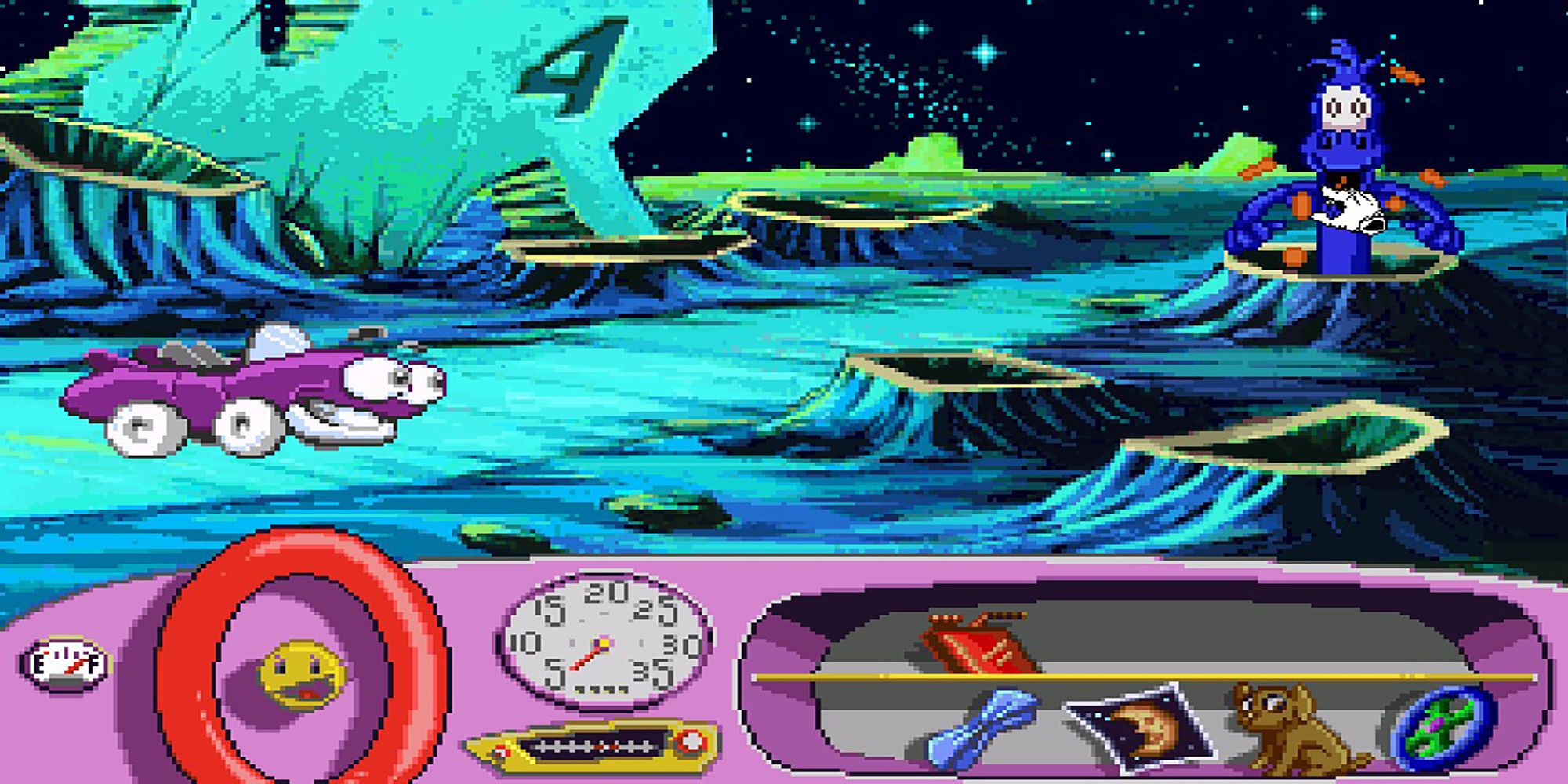 Putt-Putt plays alien tag in moon craters with a silly blue alien in Putt-Putt Goes To The Moon.