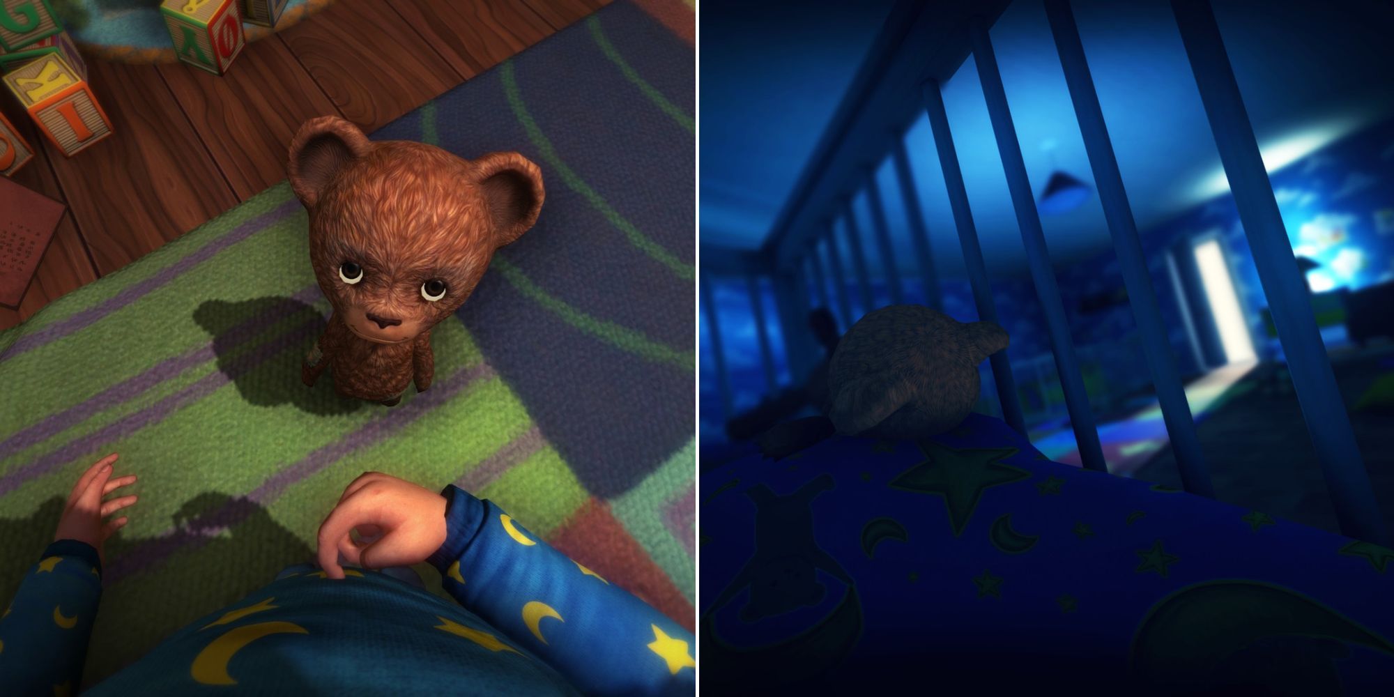 Teddy looking up at the player and the player sleeping in a crib at night in Among The Sleep.