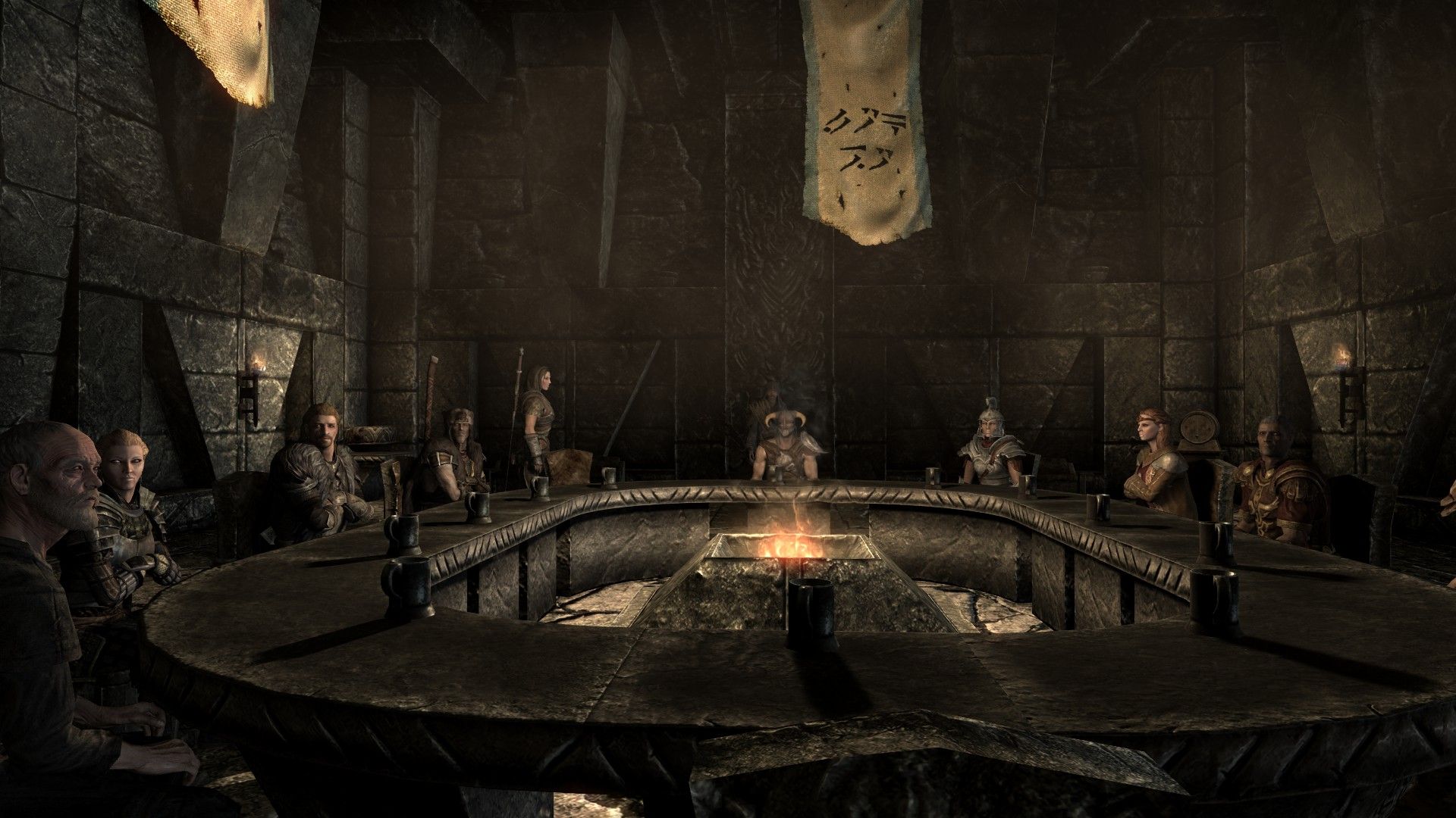 A wide angle shot of peace talks with dignitaries around an oval stone table