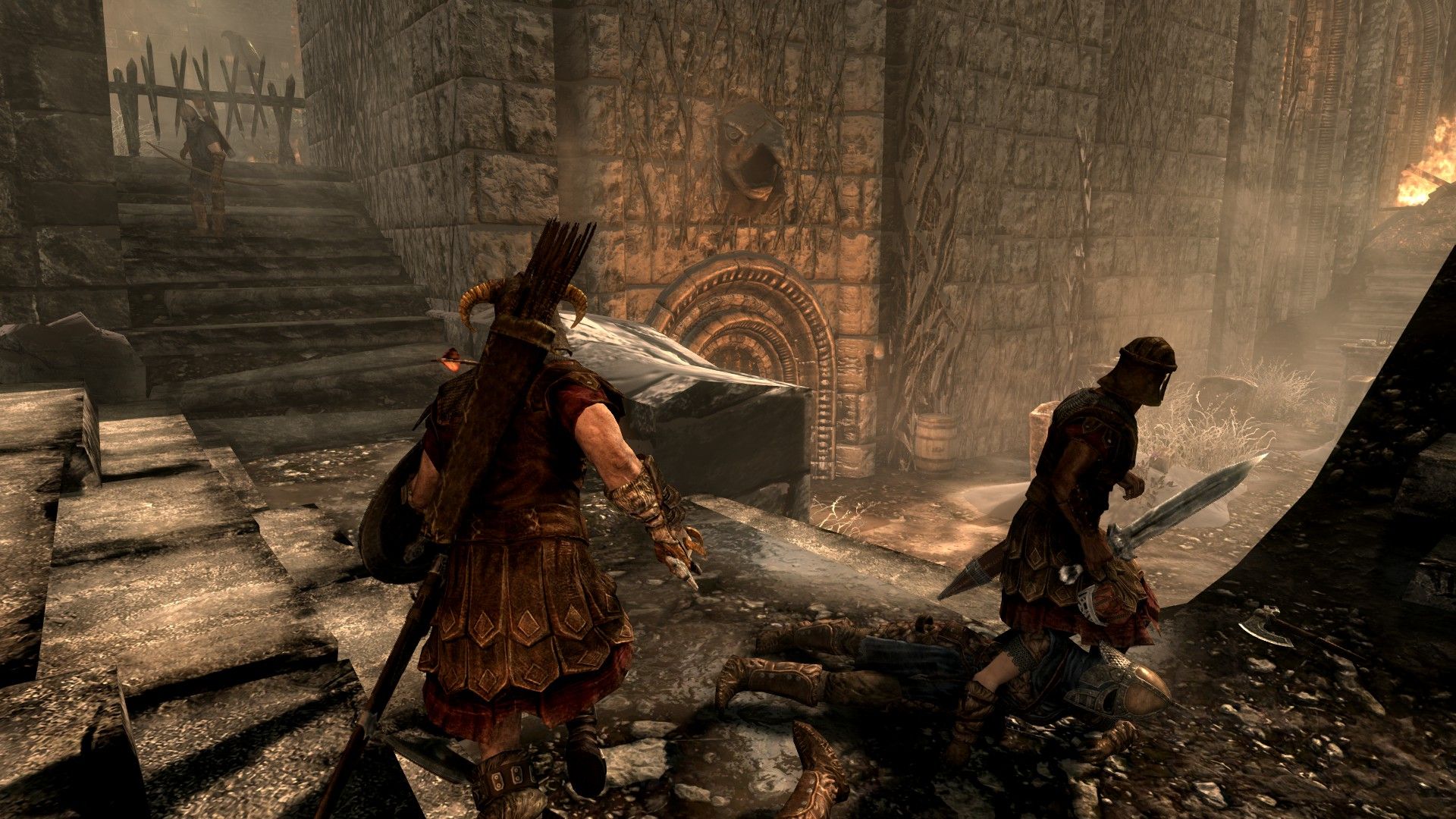 A soldier rushes a barricade inside a burning city