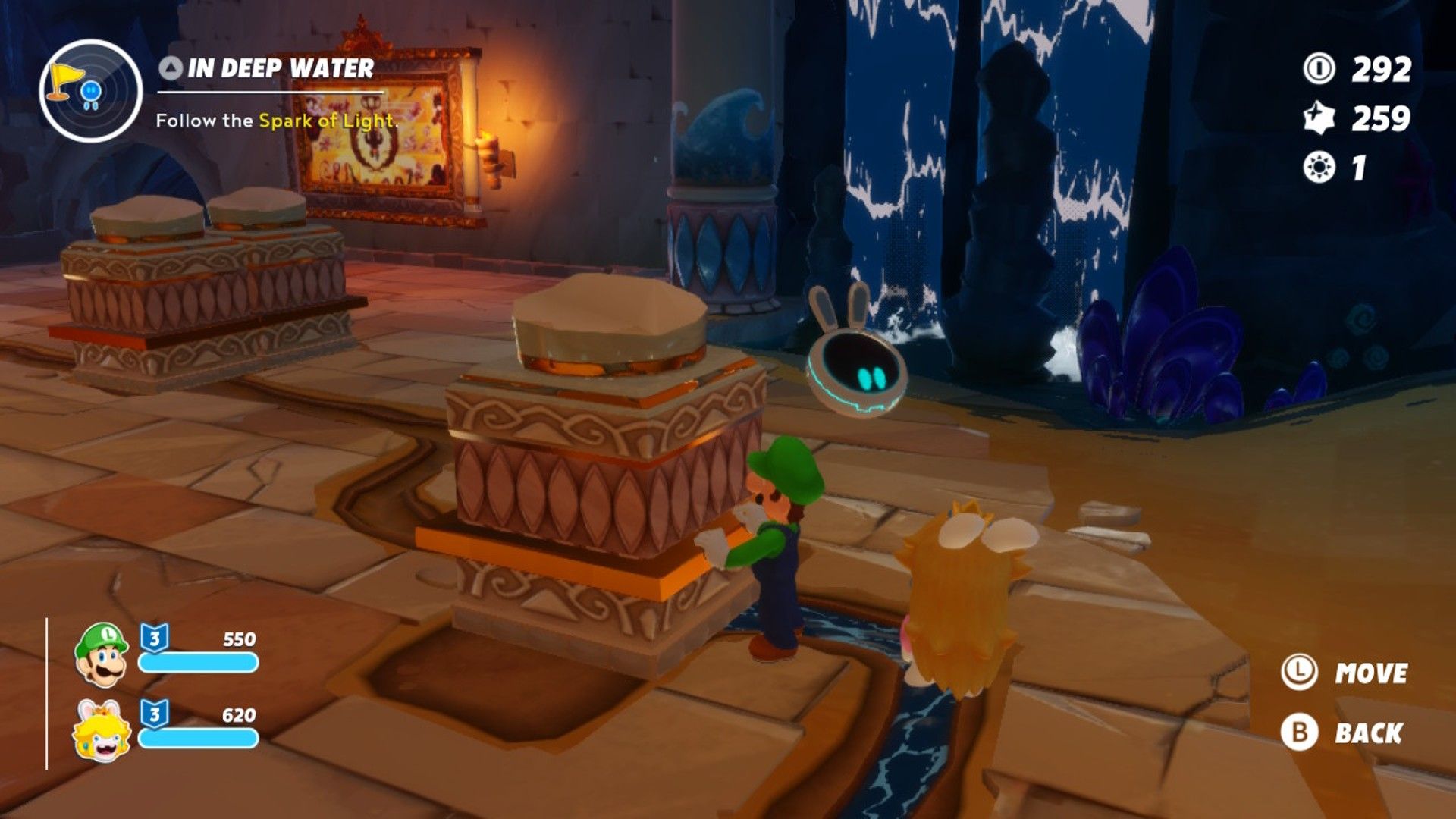 Luigi moves a brick to allow water to flow through the ravine in Sunrise Temple in Sparks Of Hope