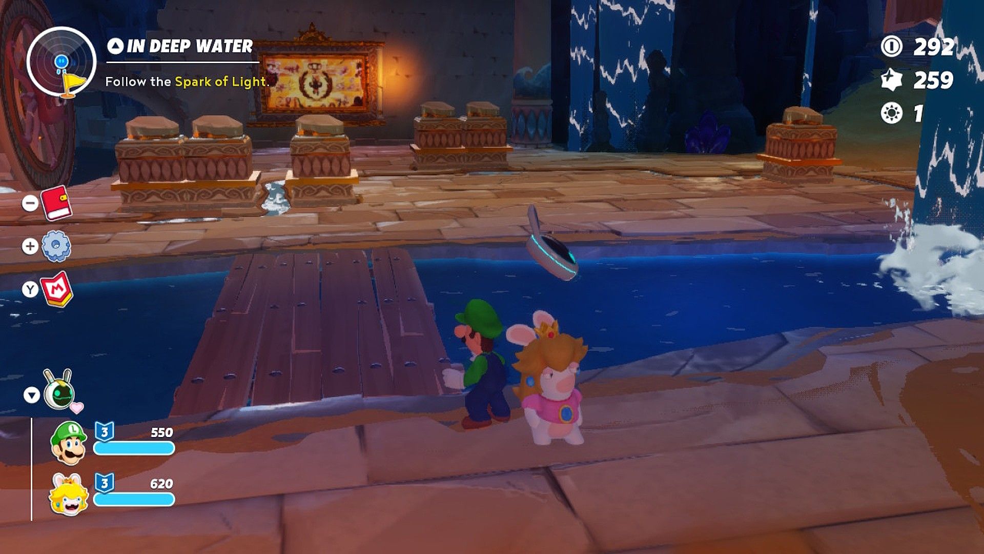 The bridge inside the Temple has been restored by Luigi and Rabbid Peach in Mario + Rabbids Sparks Of Hope