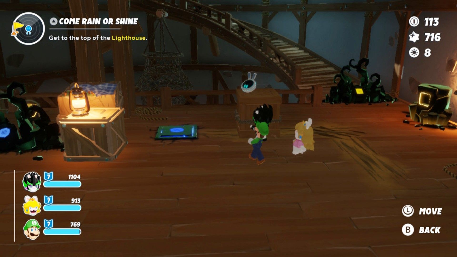 Luigi and Edge move a block over a button to progress through the lighthouse on Beacon beach