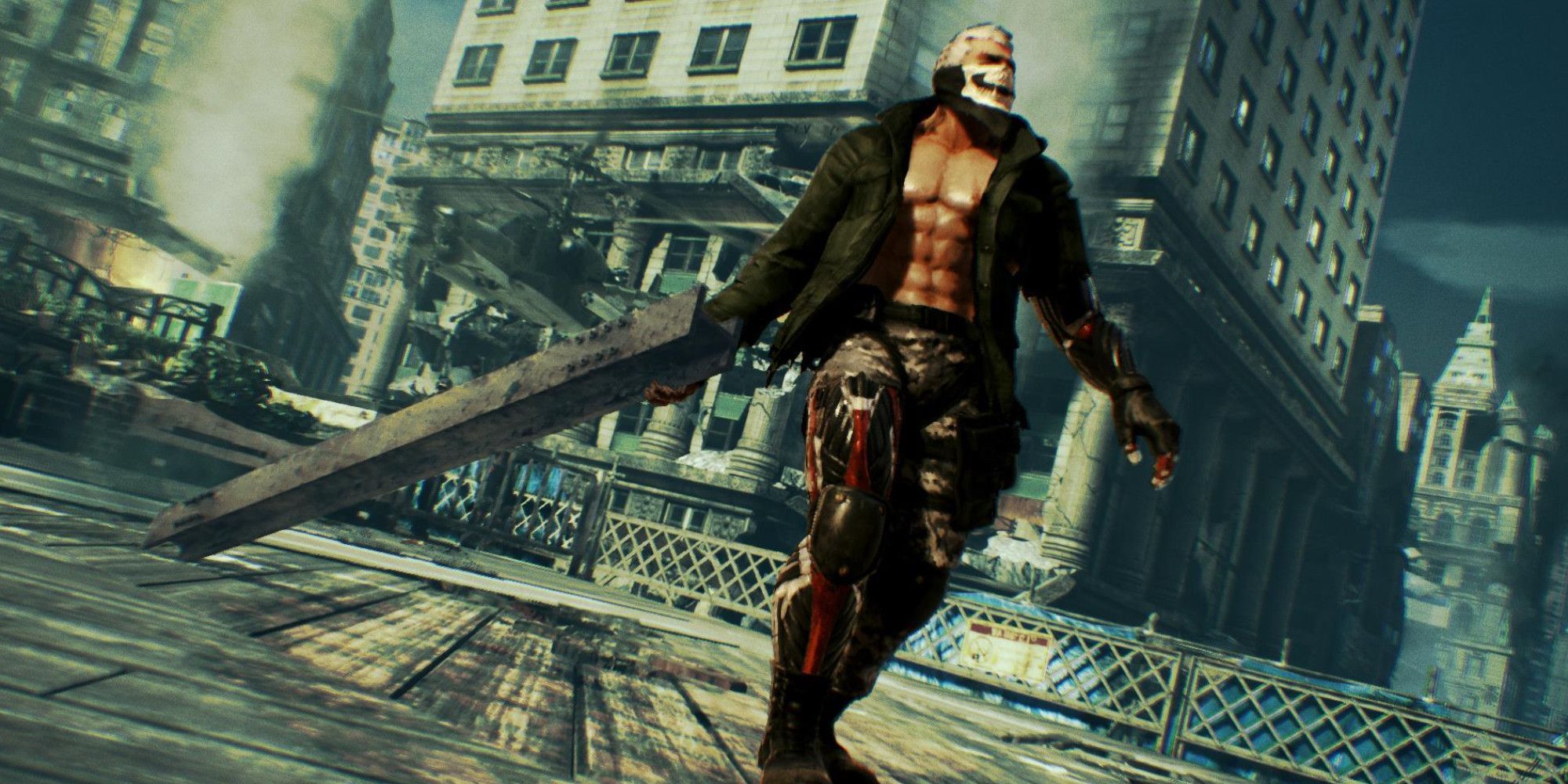 Bryan Fury from Tekken 7 holding a girder before fighting