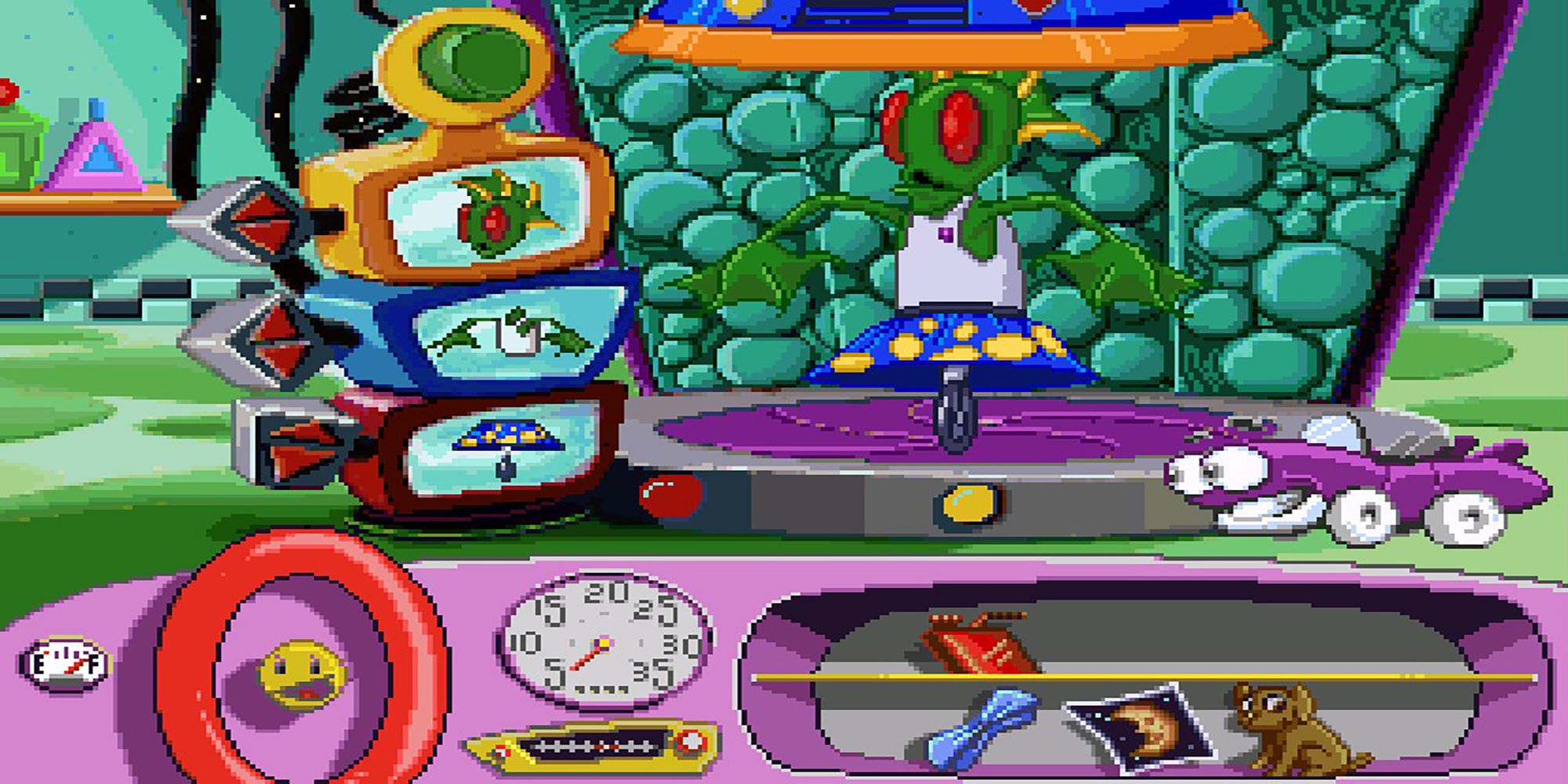 Putt-Putt gives a lizard creature a new unicycle wheel and mini skirt in at the Buzz And Glow Beauty Shop in Putt-Putt Goes To The Moon.