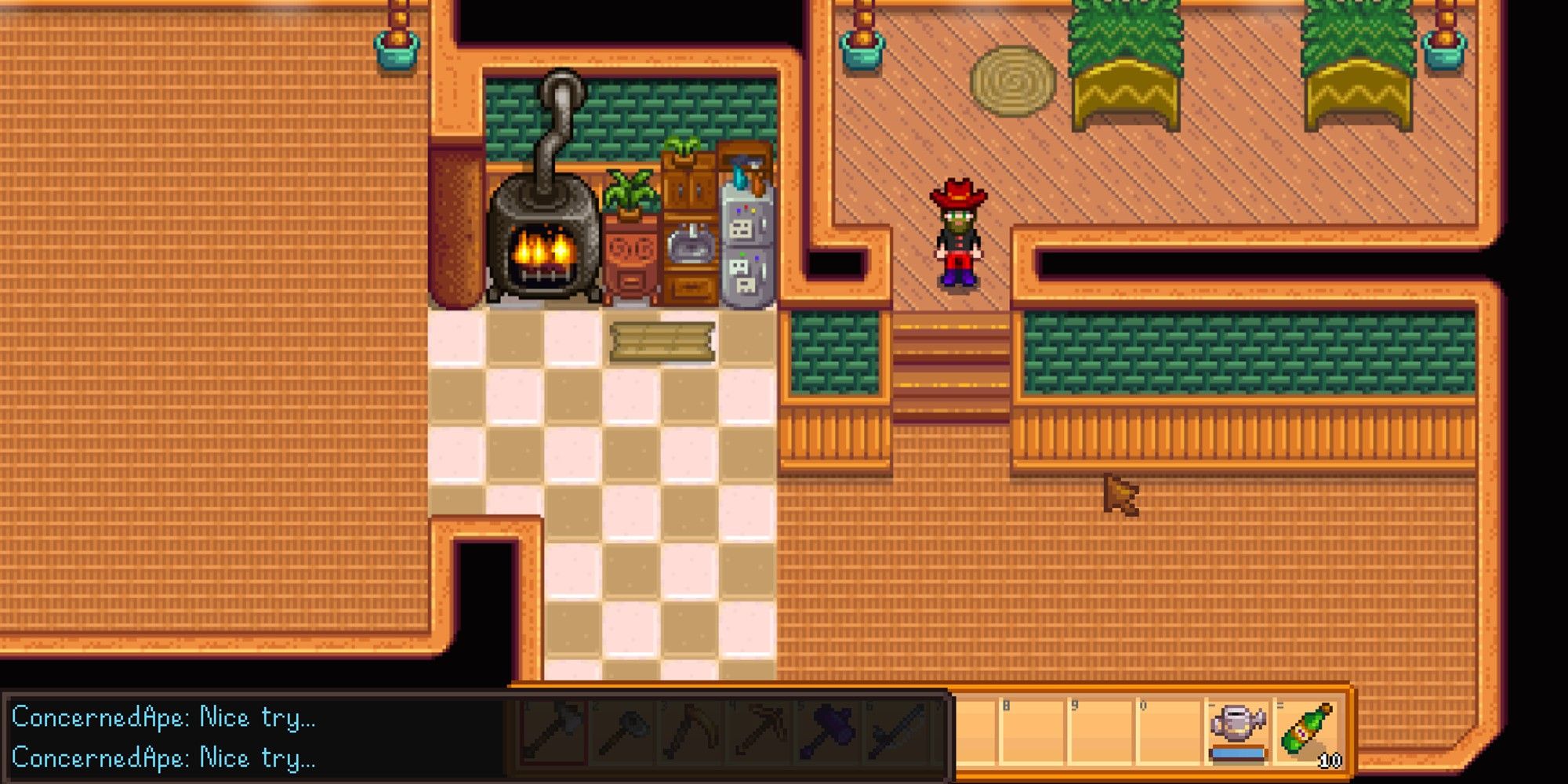 Stardew Valley Cheat Attempt, met with Nice Try from Concened Ape