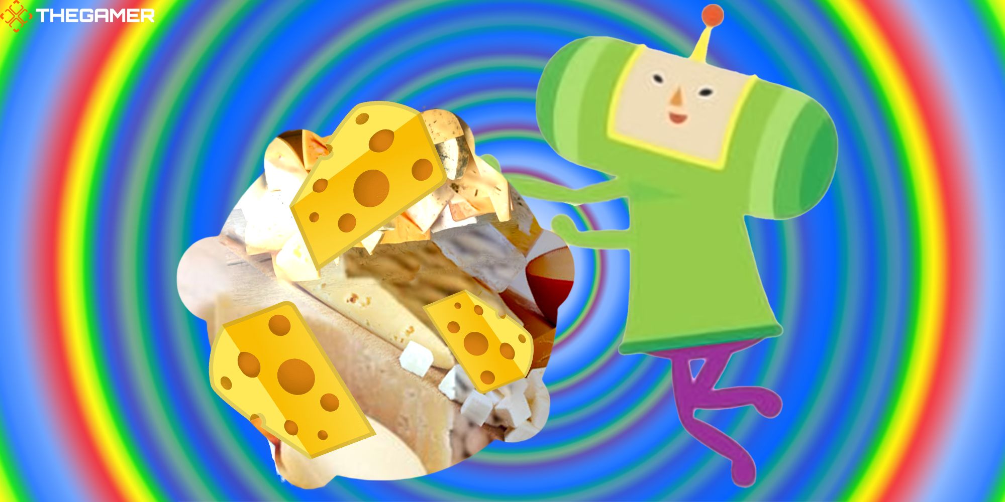 The Prince rolls a pungent katamari of cheese against a rainbow background. Custom image for TG.