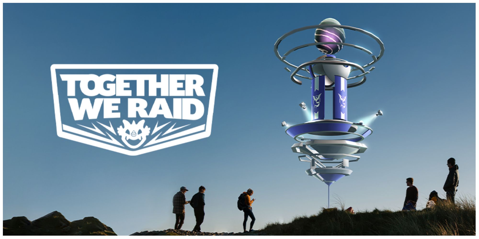 People around a Pokemon Go Raid with the text "Together We Raid" in the sky